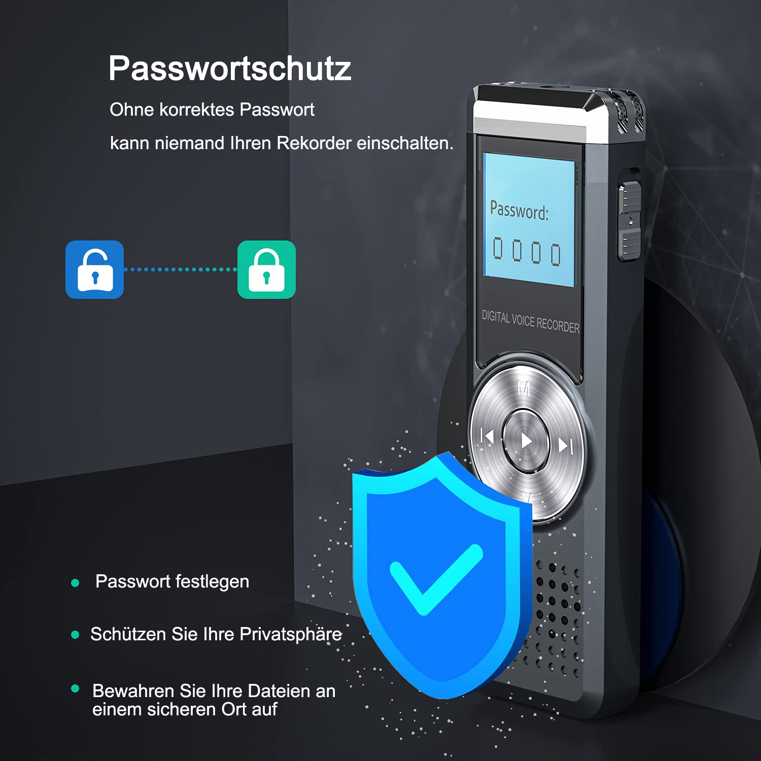 Digitaler Sprachrekorder mit Passwortschutz. Text: Passwort: 0000. Symbole: Schloss und Schild.