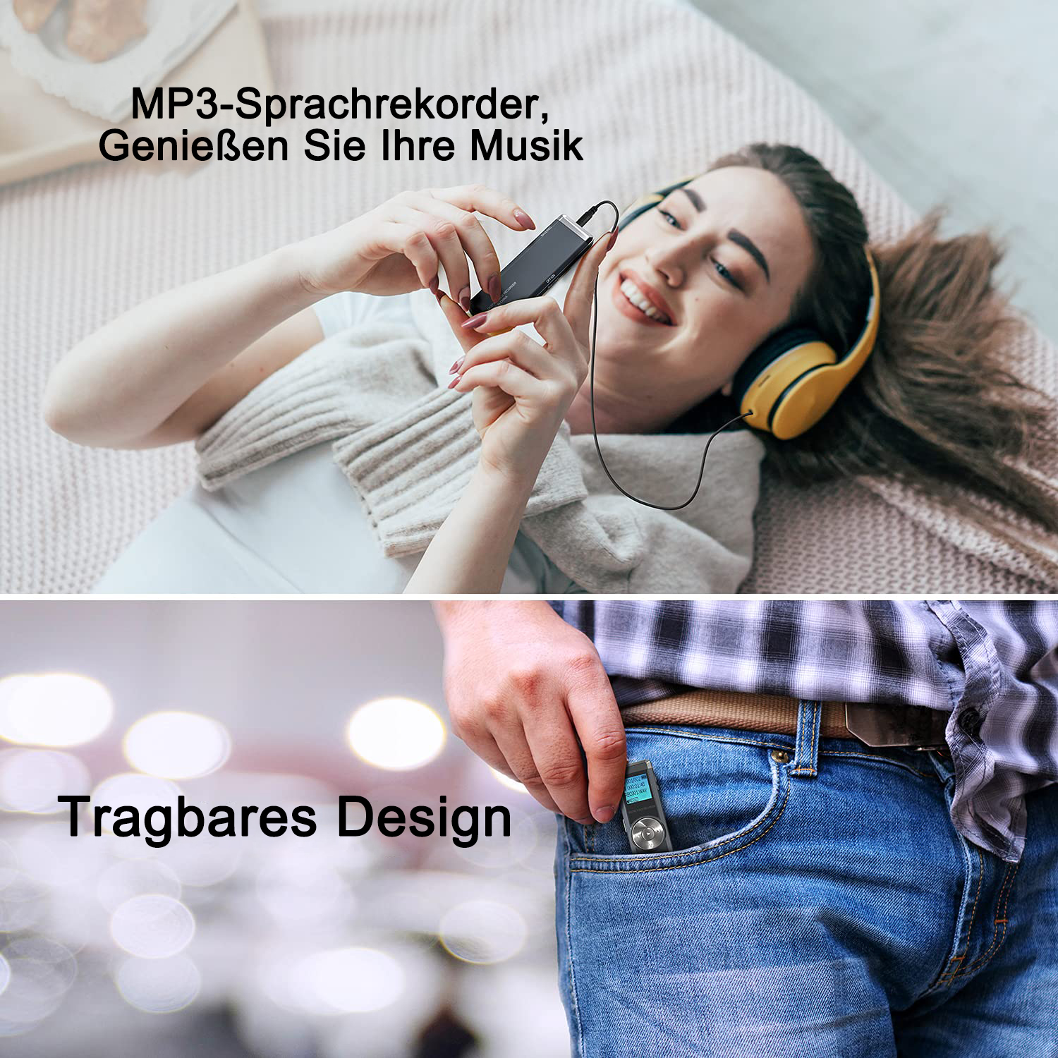 Eine Frau hört Musik mit Kopfhörern und einem kleinen MP3-Player in der Tasche. Tragbares Design.