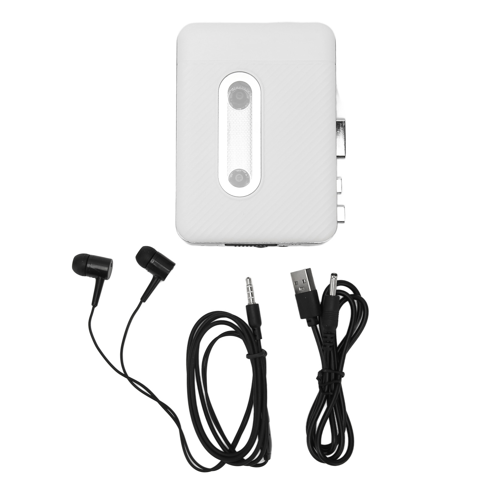 Ein kleiner, weißer MP3-Player mit Kopfhörern, USB- und Ladekabel. Alles auf weißem Untergrund.
