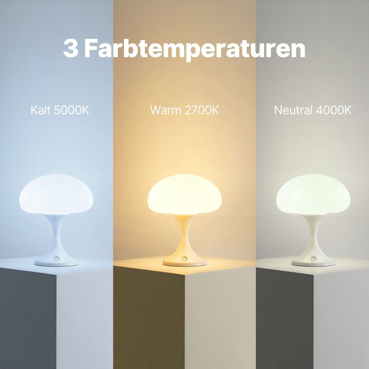 Drei Lampen mit unterschiedlichen Farbtemperaturen: kaltweiß, warmweiß und neutralweiß. Auf weißem Ständer.