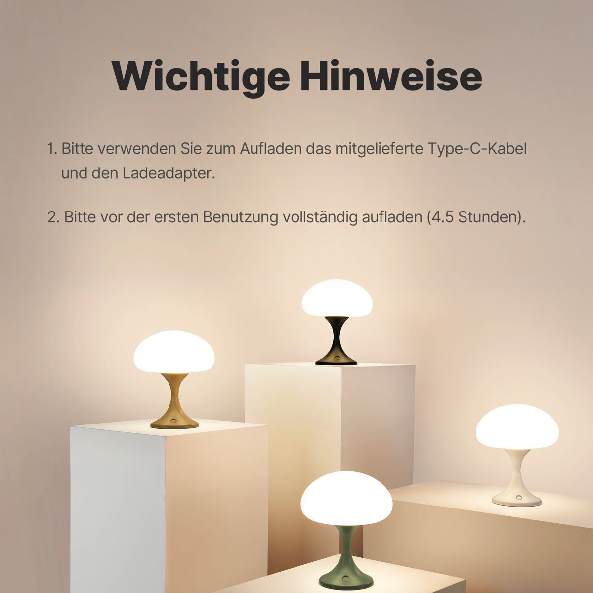 Vier pilzförmige Lampen auf weißen Sockeln, mit Text zu Ladeanweisungen.