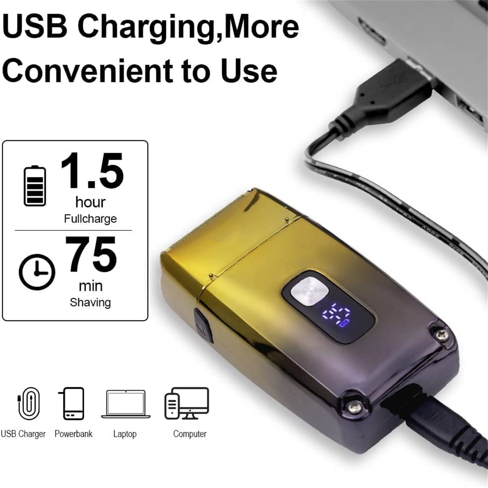 Ein gold-schwarzer Rasierer mit USB-Kabel zum Aufladen. Er zeigt Akku- und Zeicons auf dem Bildschirm.