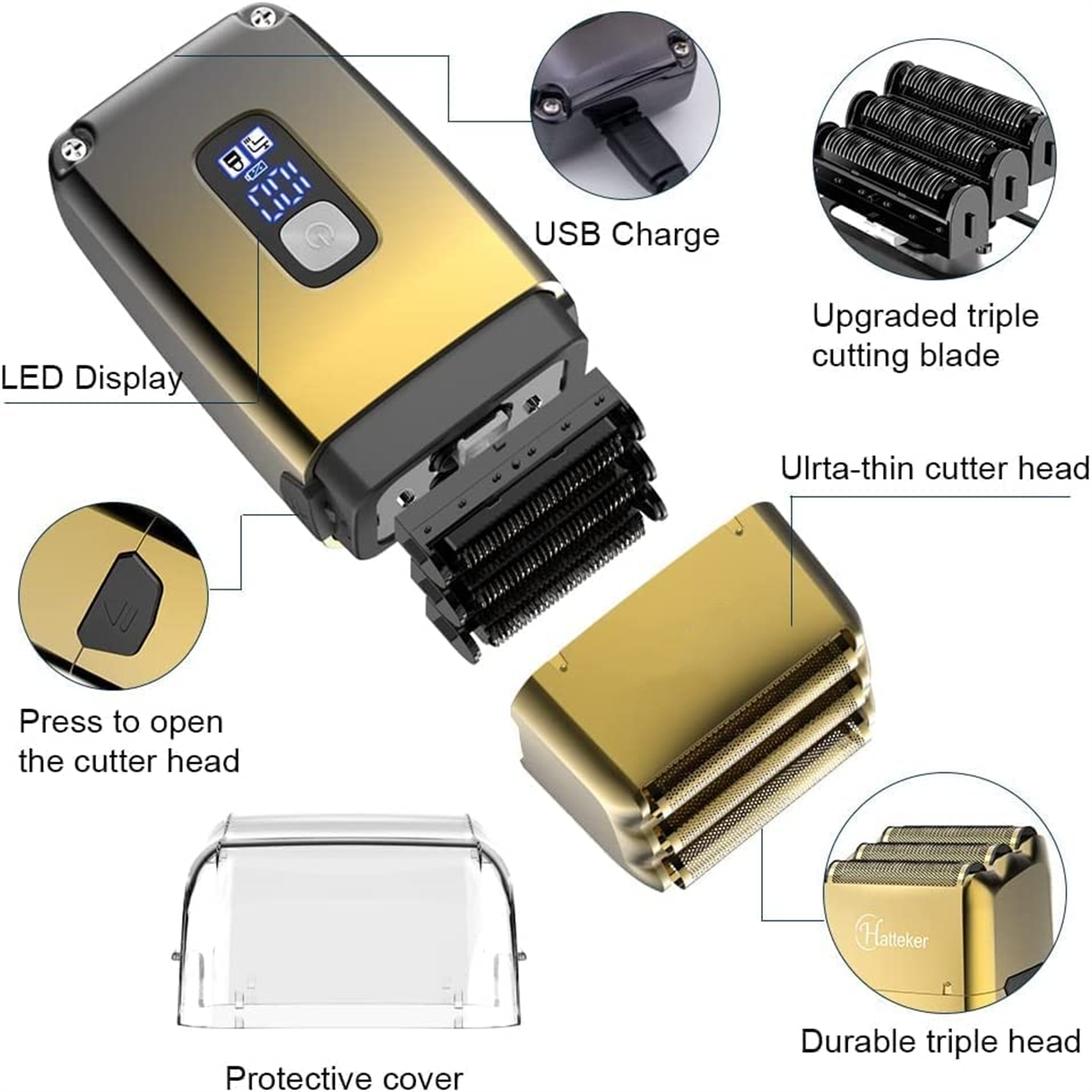 Goldener und schwarzer Elektrorasierer zerlegt. Zeigt Schneidklingen, USB-Anschluss und Schutzhülle.