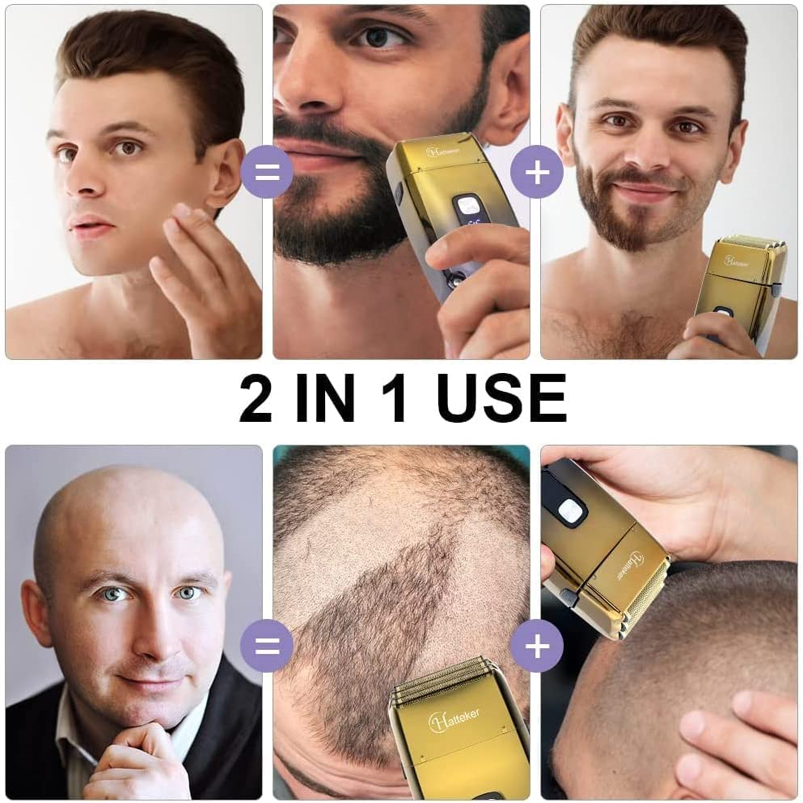 Bilder zeigen Männer vor und nach der Verwendung eines Bart- und Haarschneiders. Text: 2 in 1 Anwendung. Auch ein kahler Mann wird gezeigt.