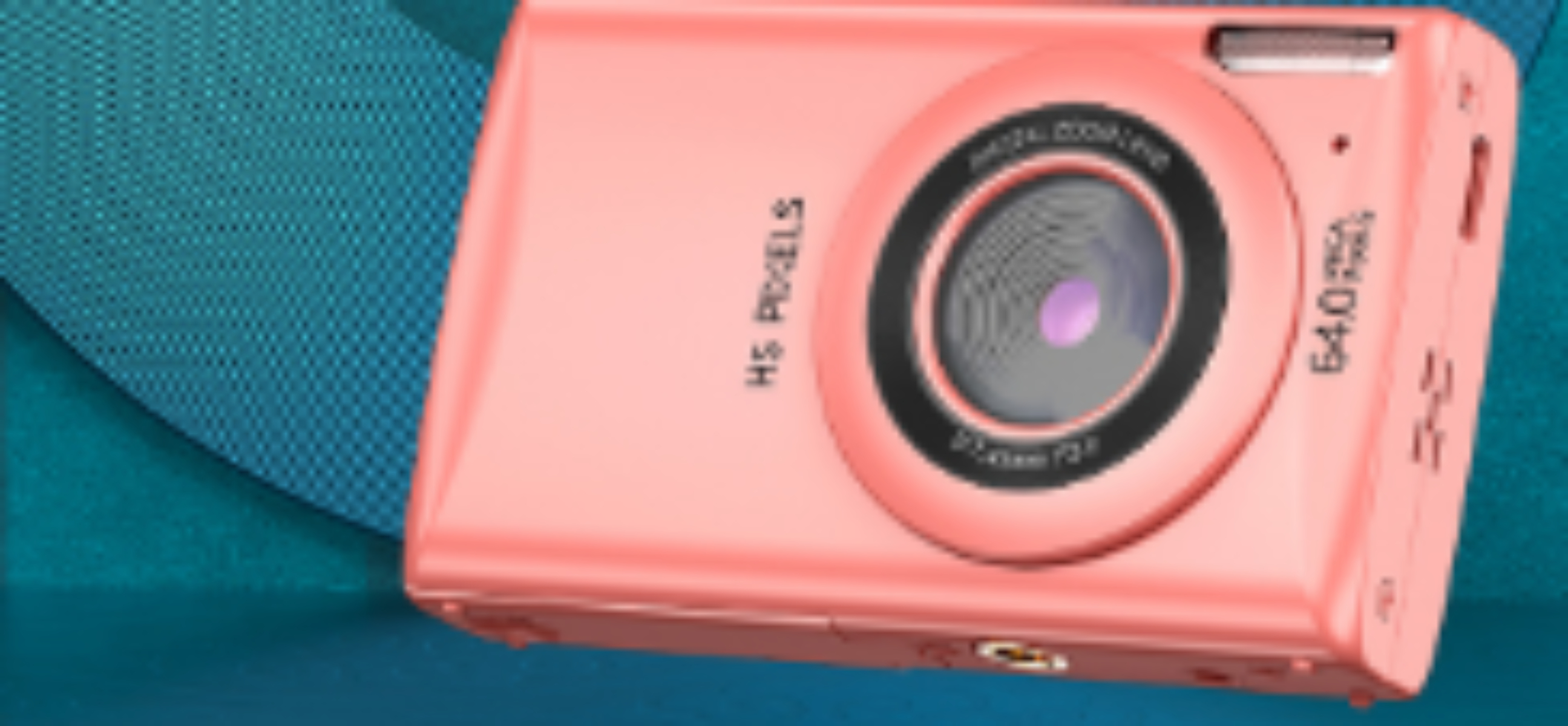 Eine pinke Digitalkamera mit Objektiv und Knöpfen. Der Hintergrund ist türkis.