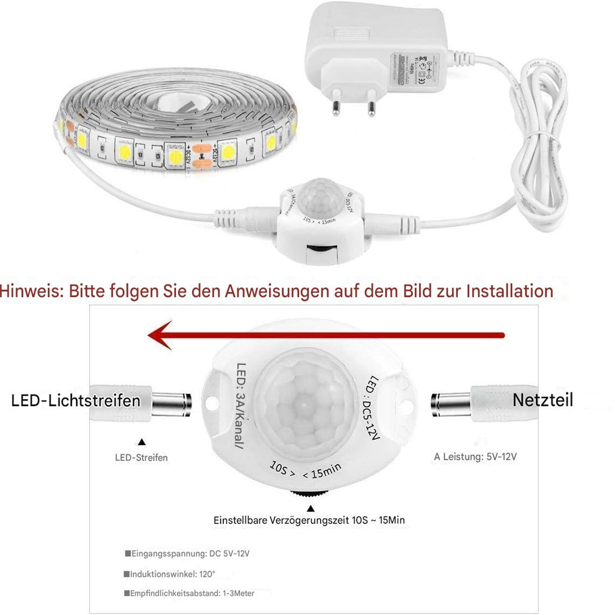 Diagramm zur Installation von LED-Streifen, Netzteil und Bewegungssensor mit Beschriftungen.