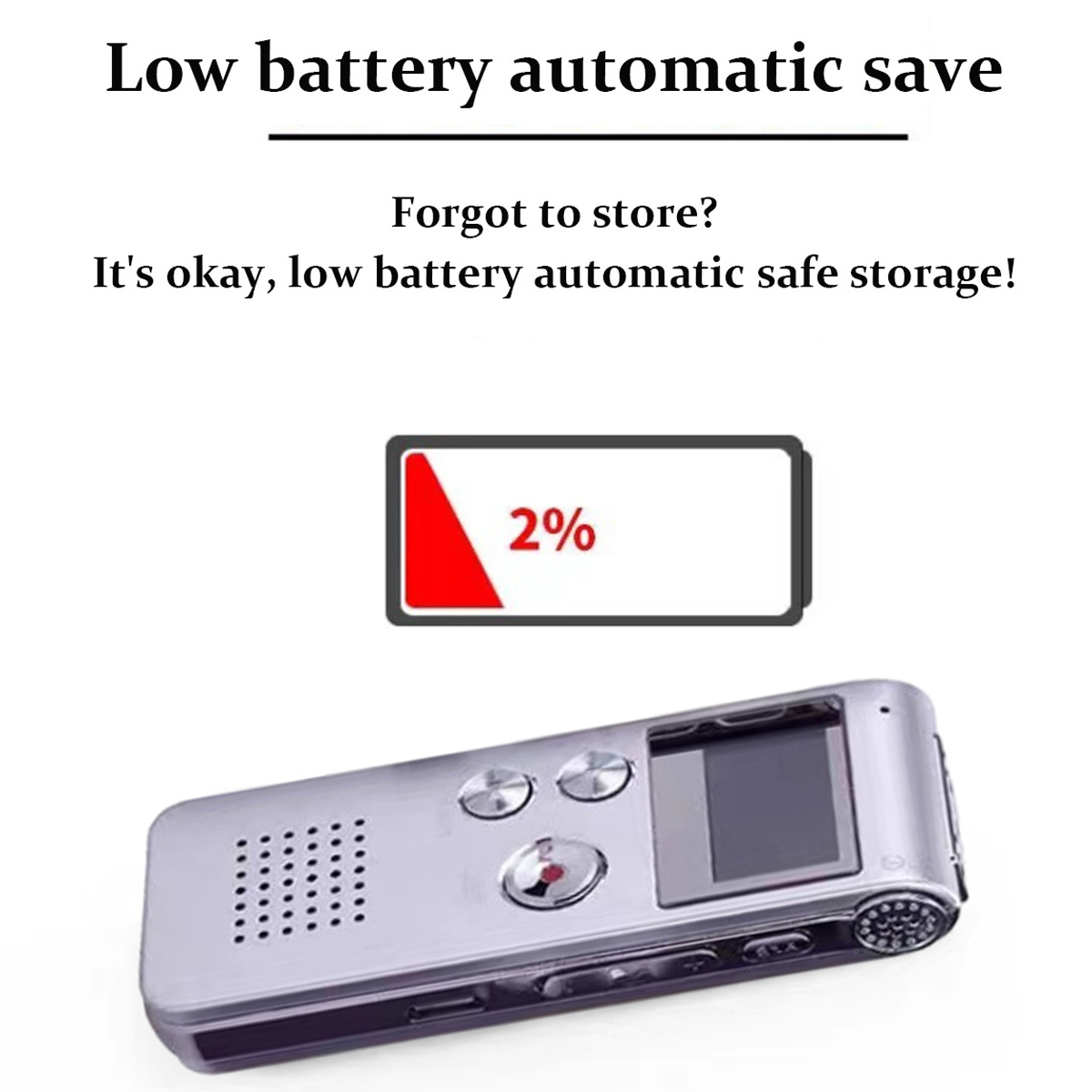 Ein Diktiergerät mit einer schwachen Batterieanzeige, die 2 % anzeigt. Text besagt automatische sichere Speicherung.