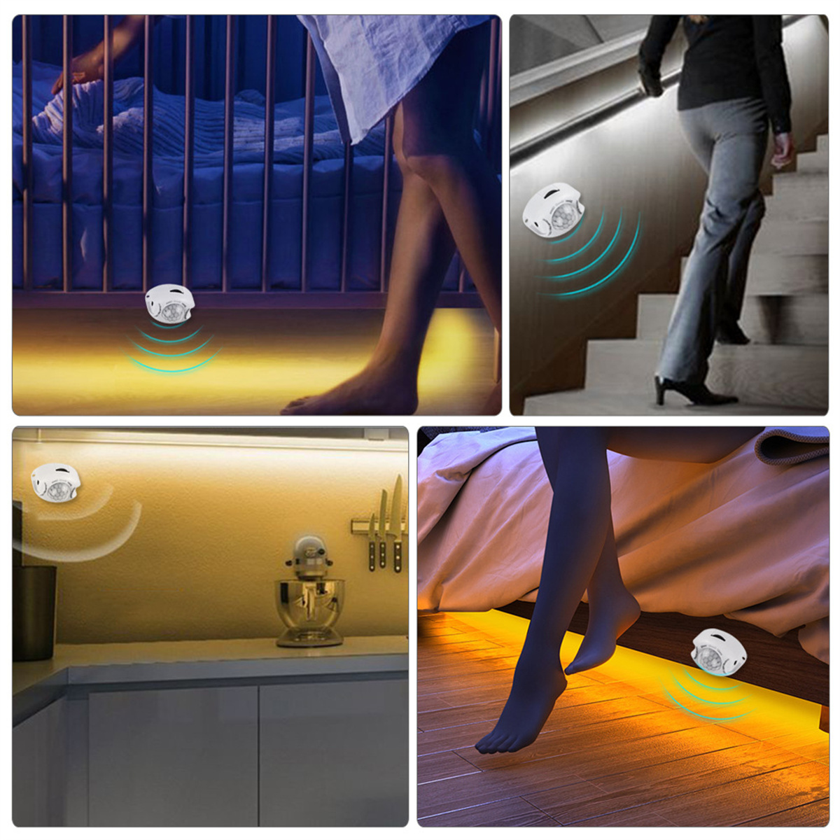 Vier Bilder, die Bewegungssensorleuchten zeigen. Sie befinden sich in der Nähe von Betten, Treppen, einer Küche und einem Bett mit Füßen.