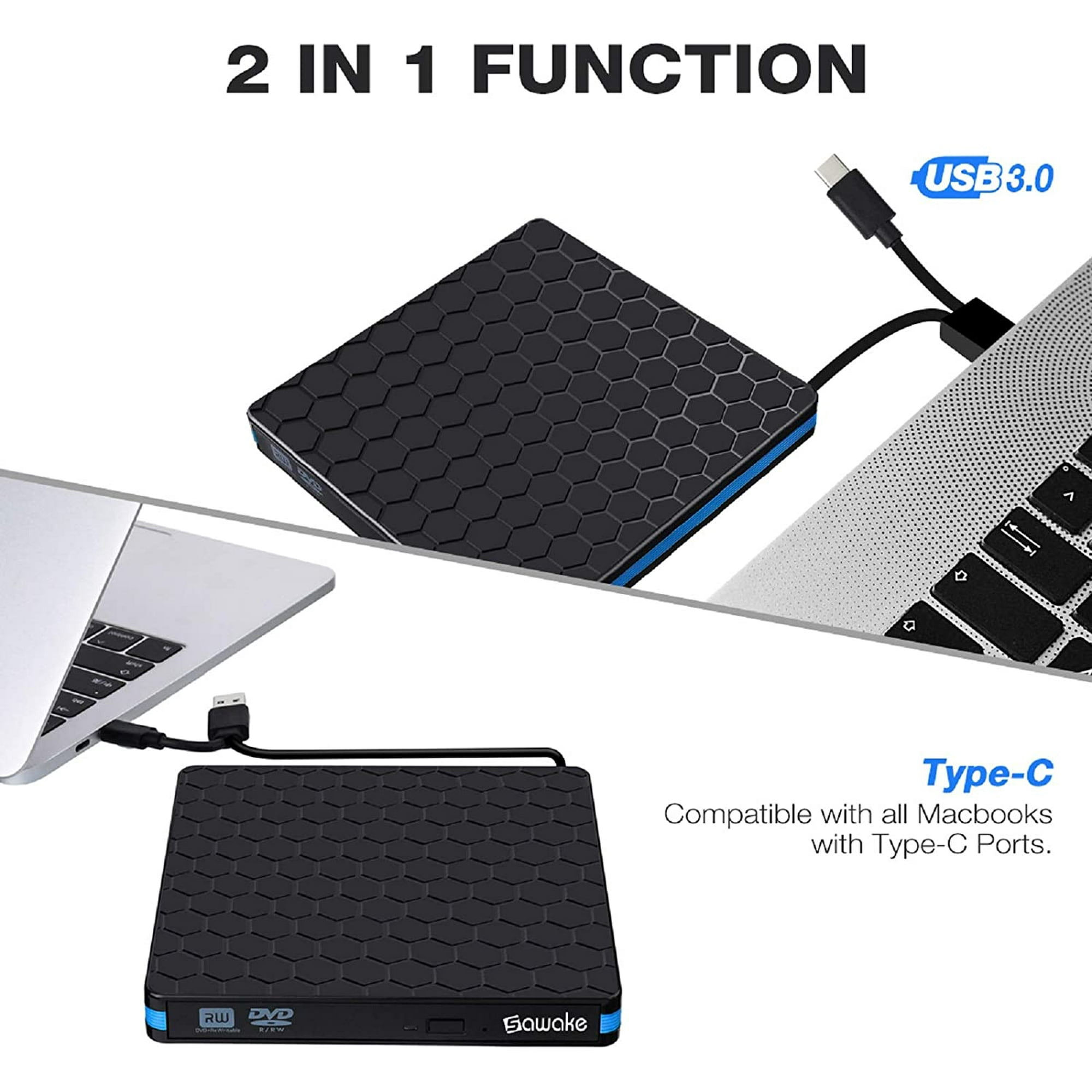 Externes DVD-Laufwerk, das an Laptops angeschlossen ist, zeigt seine 2-in-1-Funktion und Typ-C-Kompatibilität.