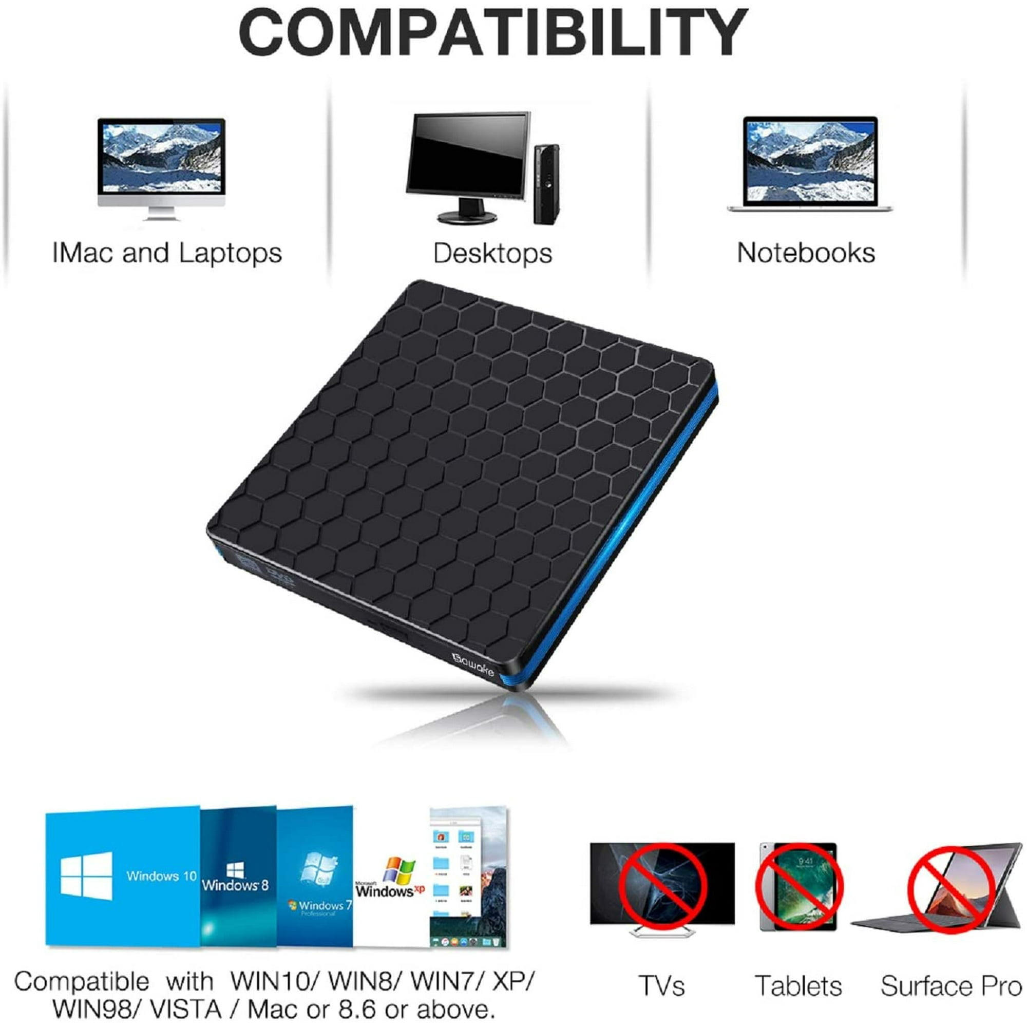 Schwarze und blaue Festplatte mit Wabenmuster. Kompatibel mit iMac, Laptops, Desktops und Notebooks.