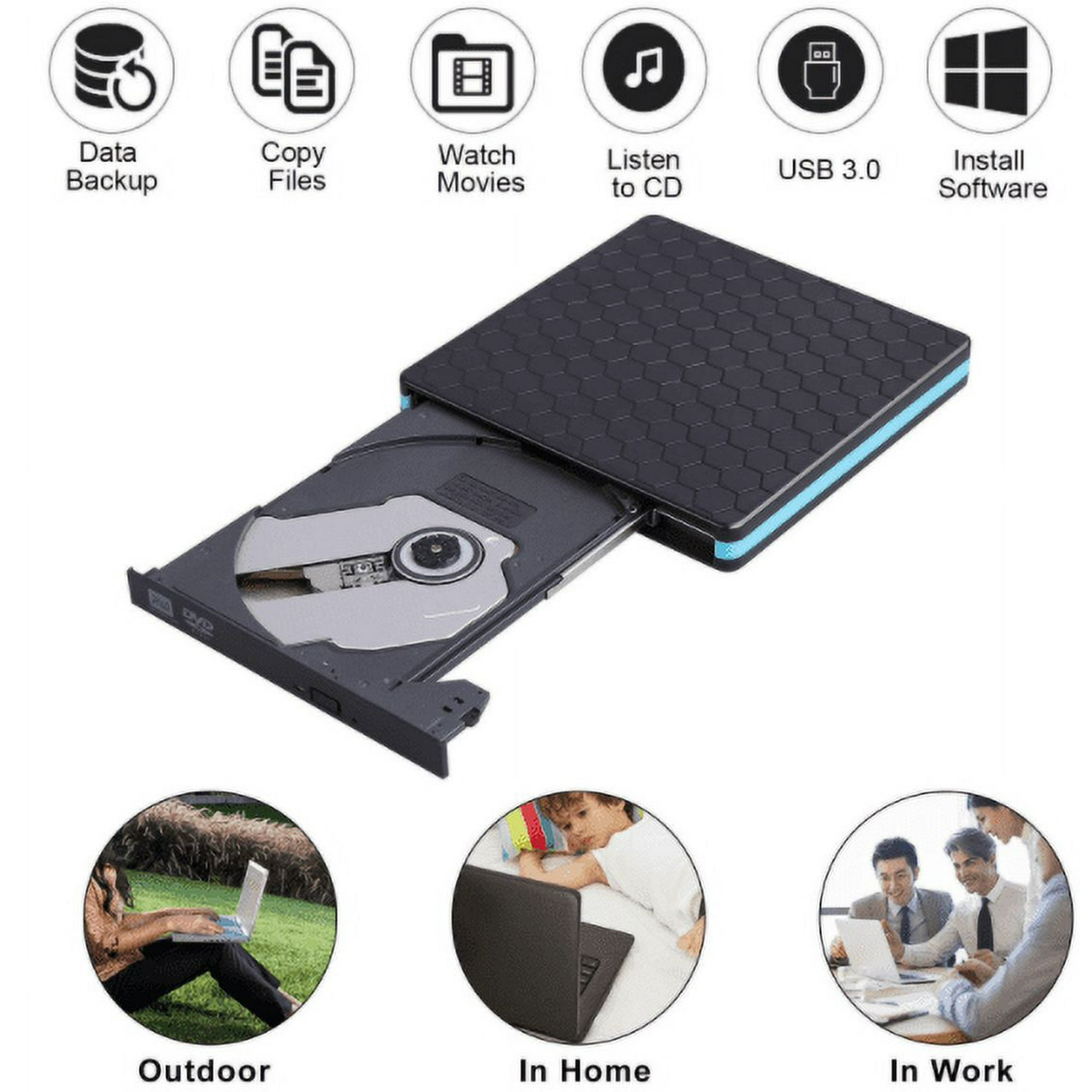 Ein schwarzer DVD-Player mit silberner Disc, begleitet von Symbolen und Personen bei der Nutzung in verschiedenen Umgebungen.