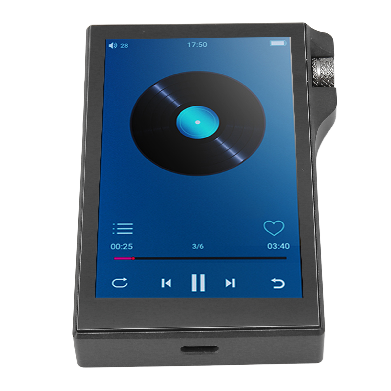 Schwarzer digitaler Musikplayer mit einem Bildschirm, der eine Schallplatte anzeigt. Knöpfe und Uhrzeit werden angezeigt.