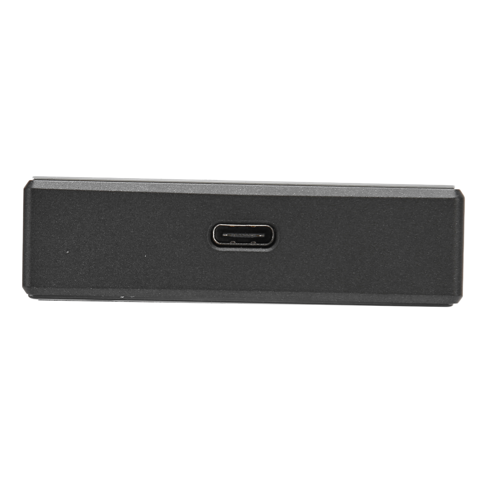 Nahaufnahme eines schwarzen elektronischen Geräts mit USB-C-Anschluss. Das Gerät ist rechteckig und mattschwarz.