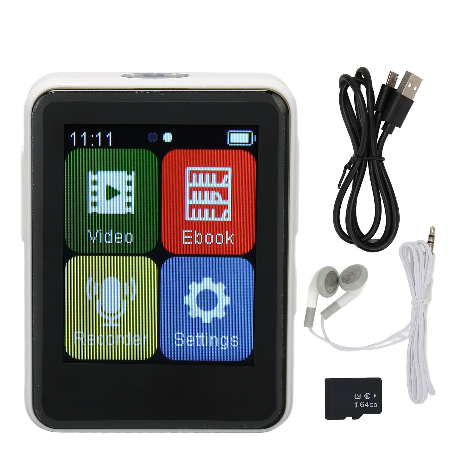 Weißer MP3-Player mit Bildschirm. Enthält Kopfhörer, Ladekabel und eine Speicherkarte.