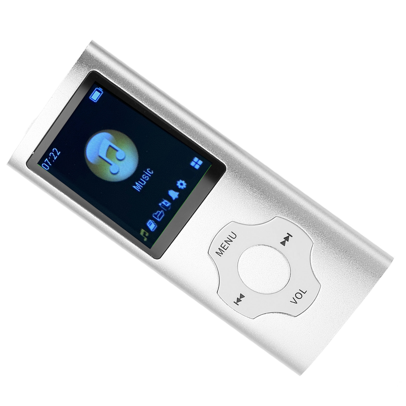 Ein silberner MP3-Player mit einem Bildschirm, der ein Musiknoten-Symbol anzeigt. Er hat Steuertasten und die Bezeichnung 'Musik'.