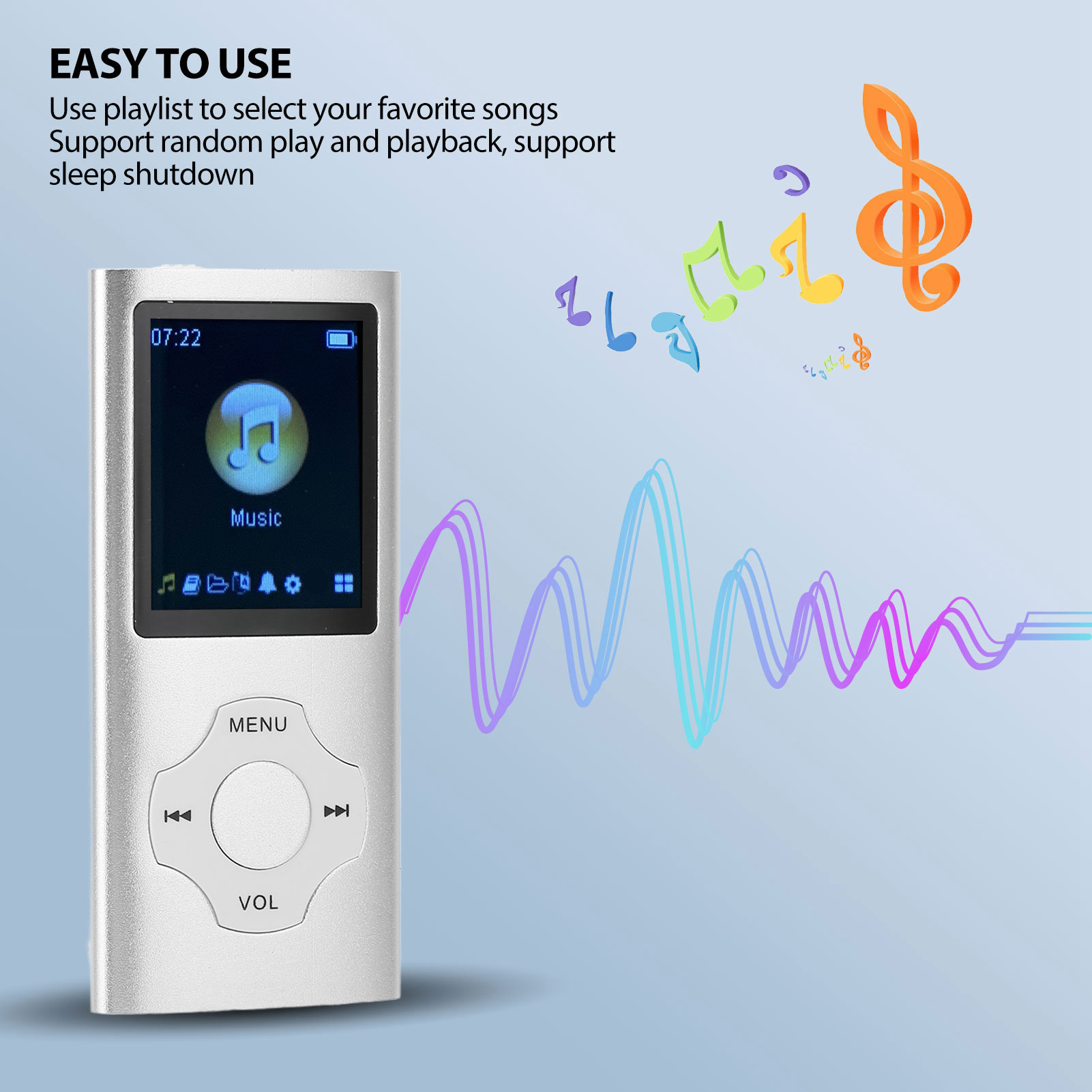 Silberner MP3-Player mit Bildschirm mit Musiksymbol, mit bunten Noten auf blauem Hintergrund.