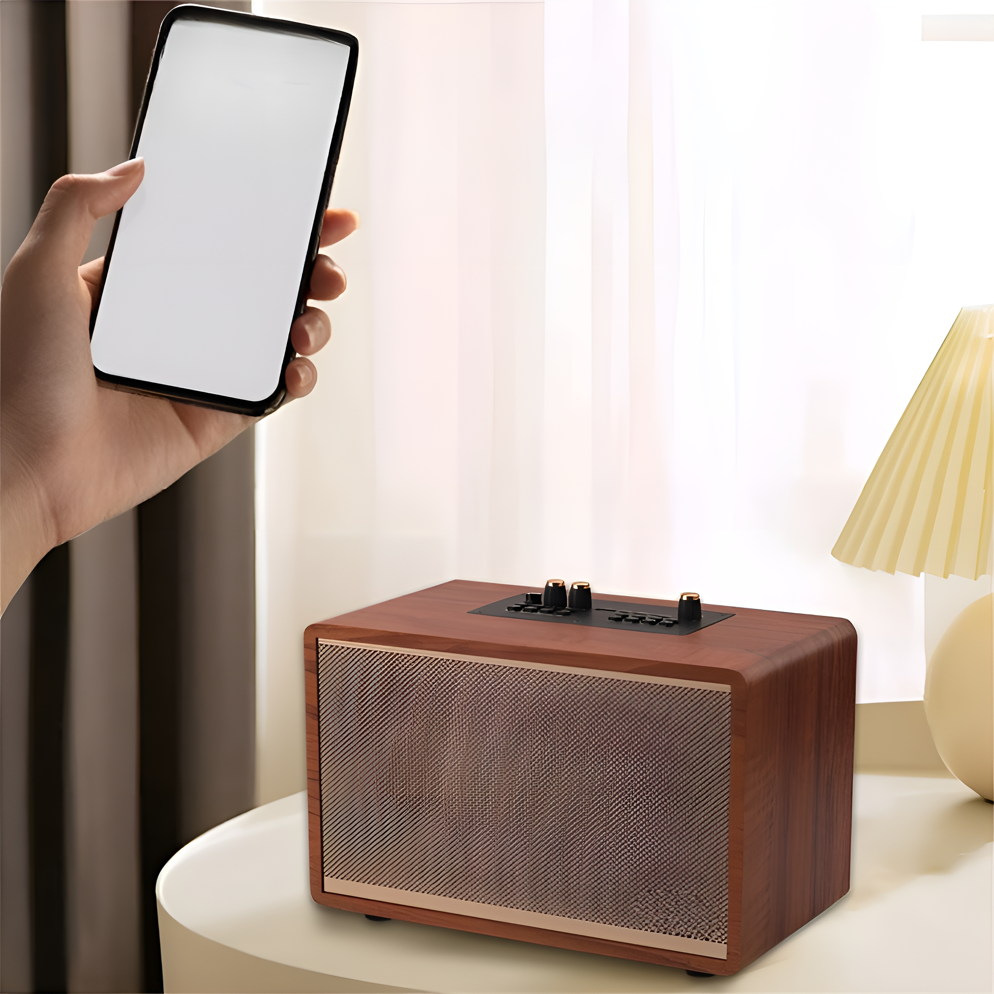 Eine Hand, die ein Smartphone hält, ist mit einem Holz-Lautsprecher auf einem Tisch verbunden. Eine Lampe ist in der Nähe.