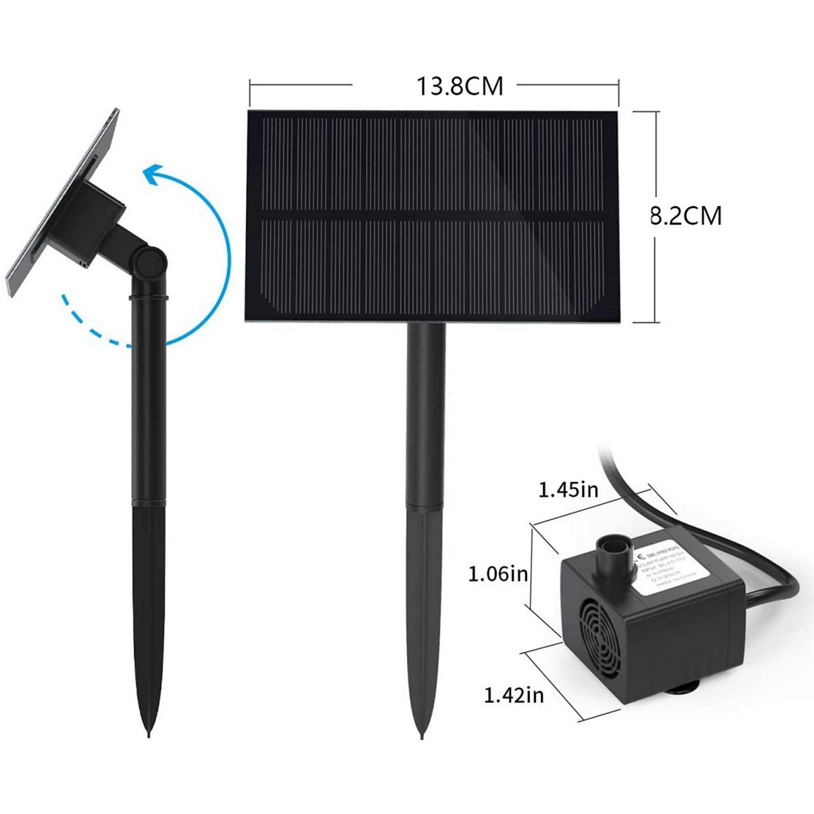 Solarbetriebenes Springbrunnenset. Solarpanel und Pumpe sind verbunden. Abmessungen und Details gezeigt.