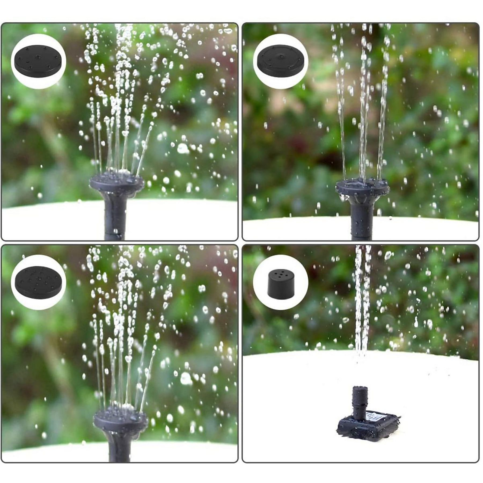 Vier Bilder eines Springbrunnens. Jedes zeigt nach oben spritzende Wasserstrahlen. Verschiedene Düsenköpfe.