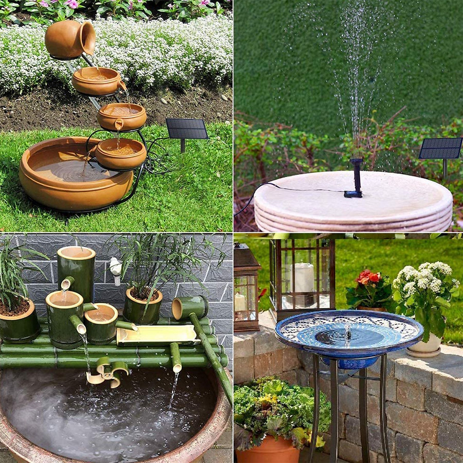 Collage von Wasserfontänen im Freien. Verschiedene Brunnen mit Wasserspielen, Töpfen und Solarpanelen.