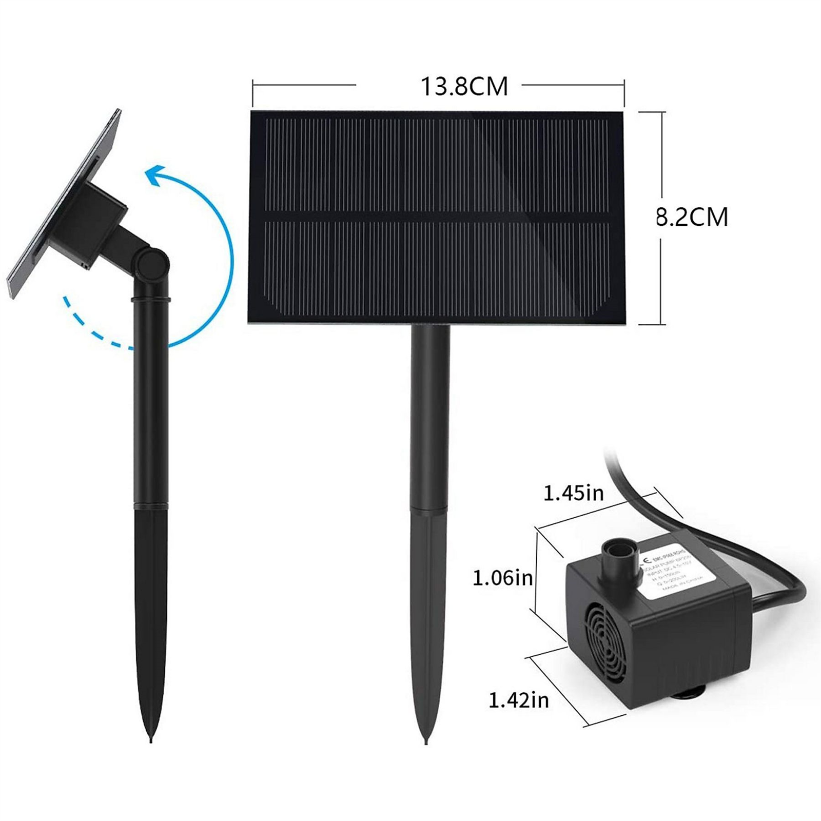 Solarpanel-Setup mit schwarzem Panel, Ständer und kleiner Wasserpumpe mit Maßen.