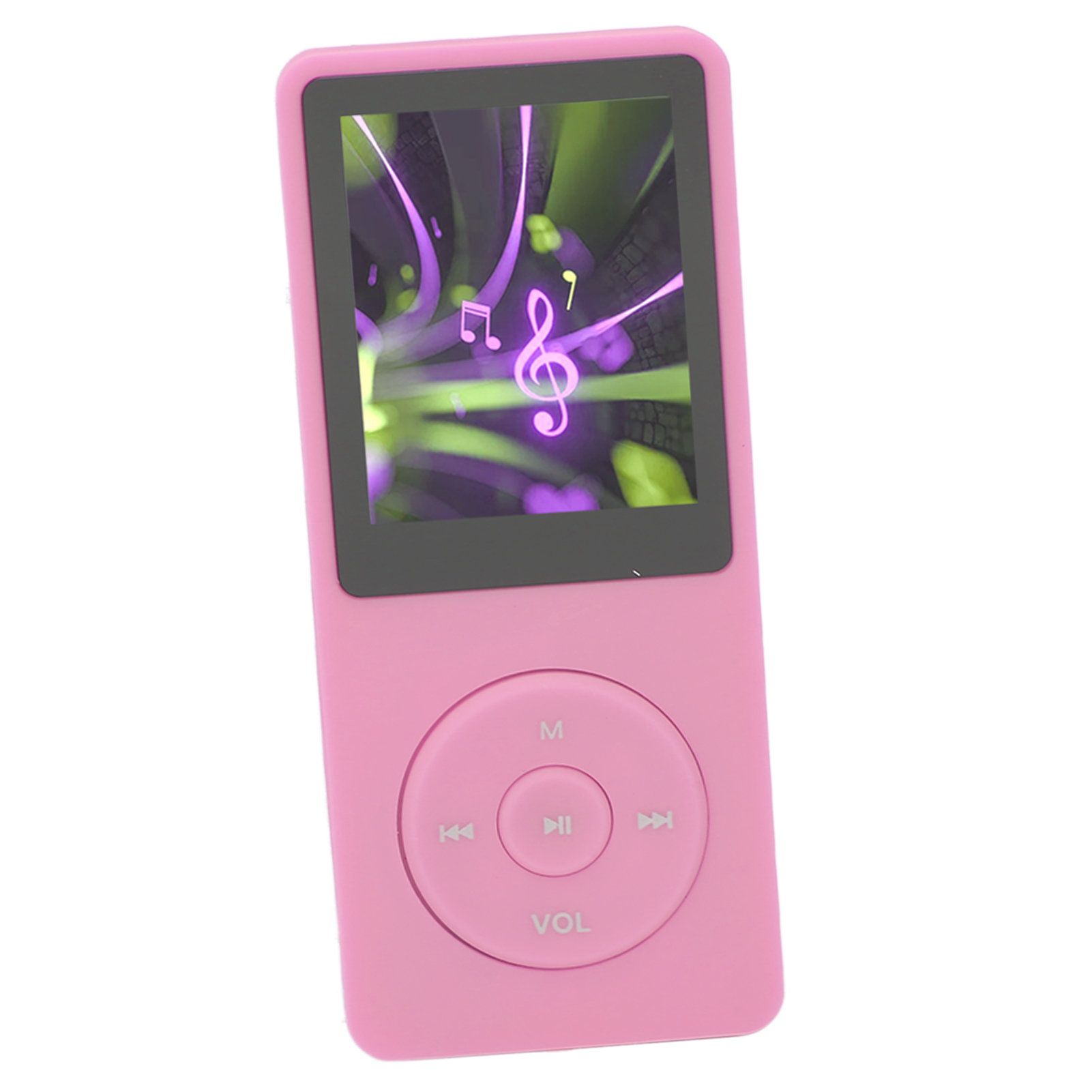 Rosa MP3-Player mit Bildschirm, der Noten zeigt. Er hat Steuertasten und eine Lautstärketaste.