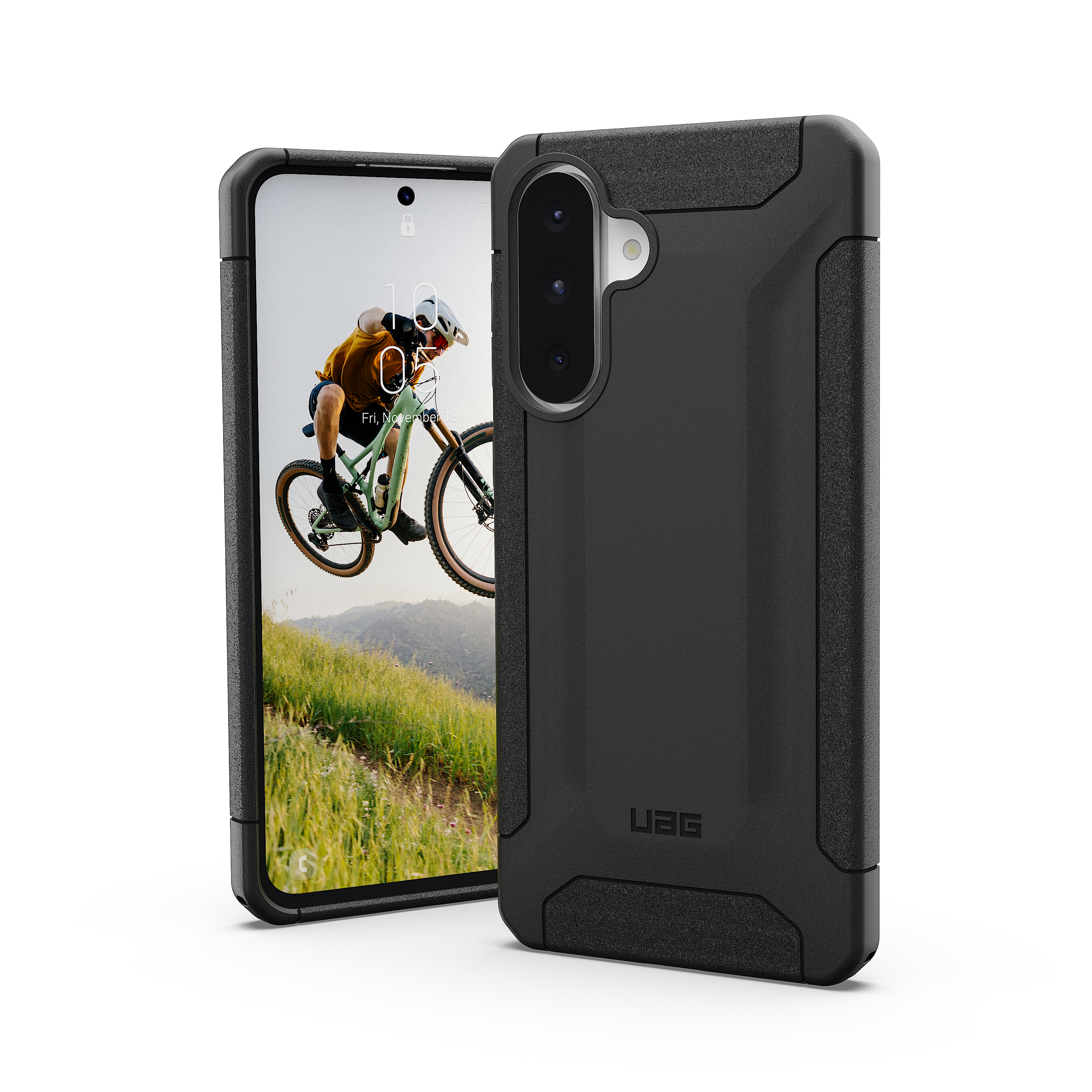 Zwarte telefoonhoes. Het telefoonscherm toont een mountainbiker. UAG-logo is zichtbaar.