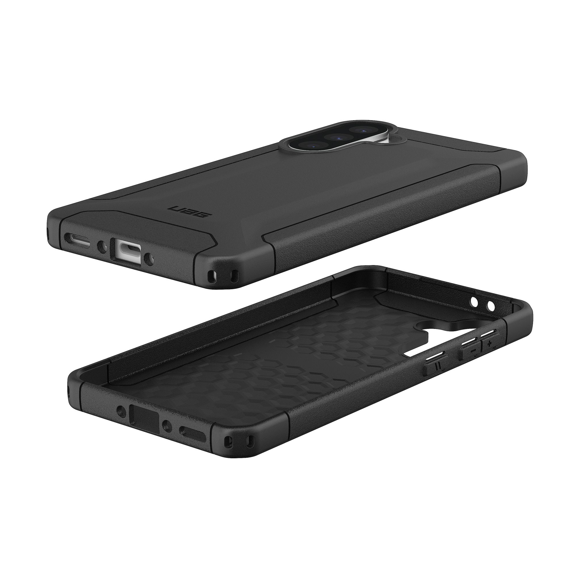 Een zwarte telefoonhoes met een telefoon erin. De telefoonhoes is open. De binnenkant heeft een honingraattextuur.