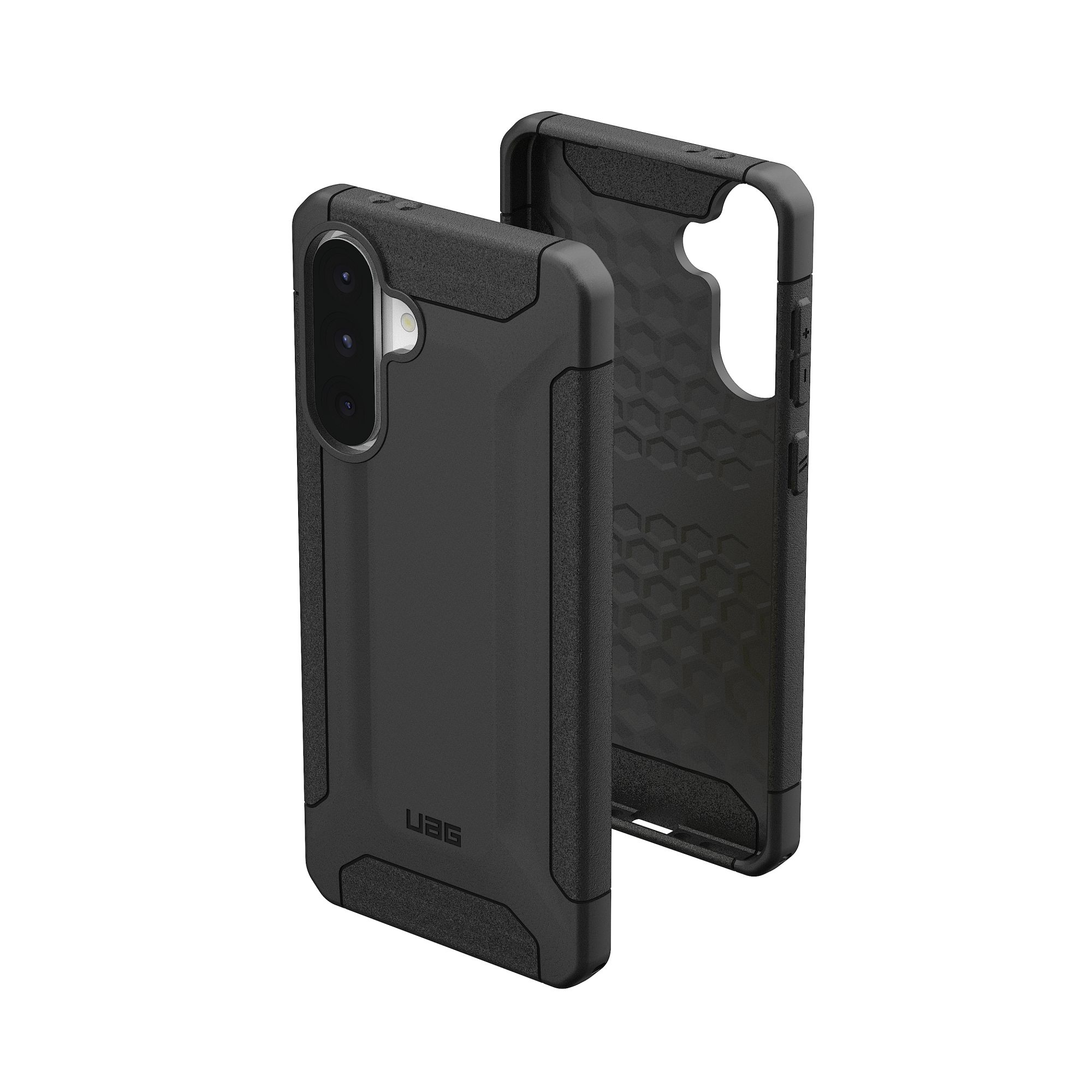 Zwarte telefoonhoes met een robuust ontwerp, twee delen.