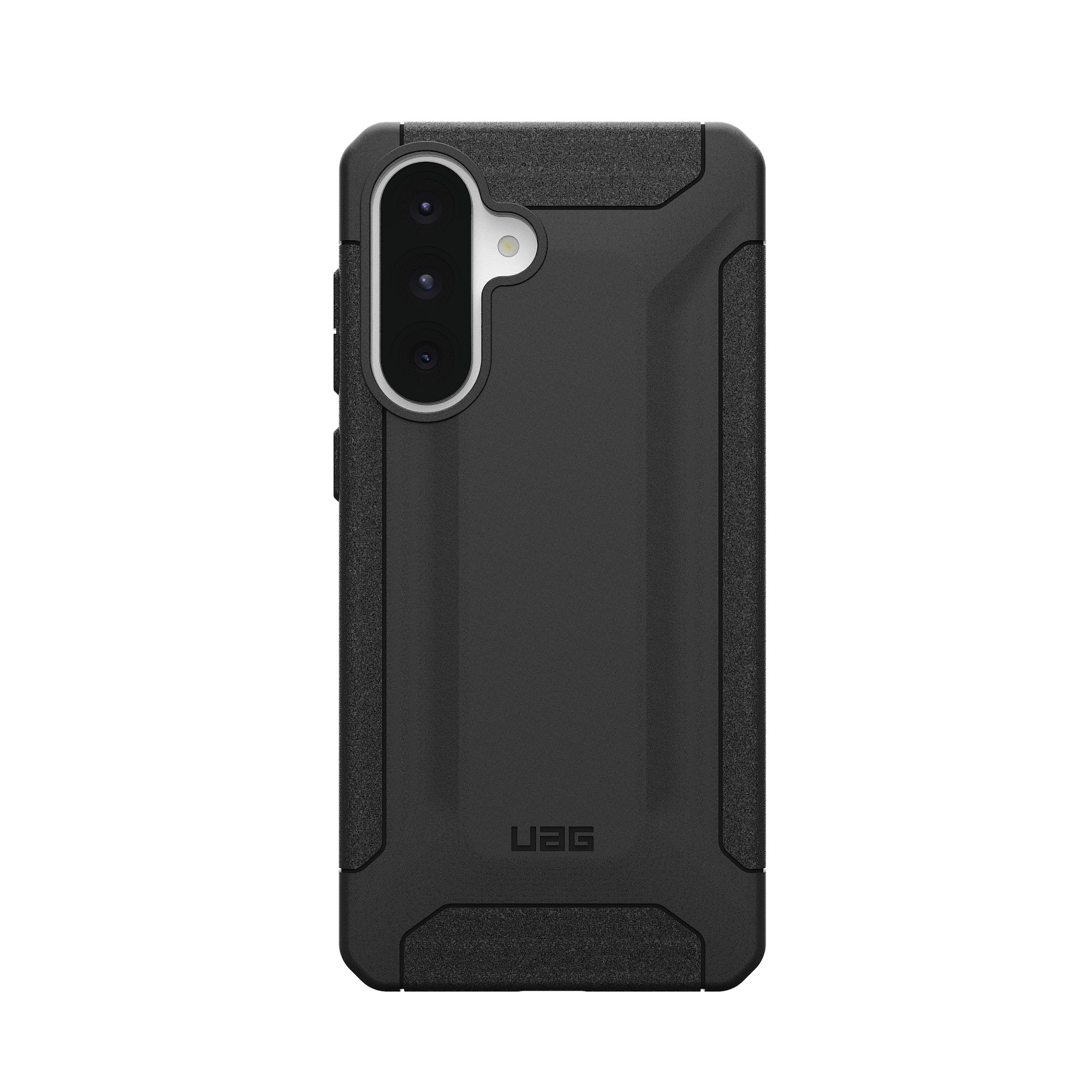 Een zwarte telefoonhoes met een getextureerd oppervlak, camera en UAG-logo.