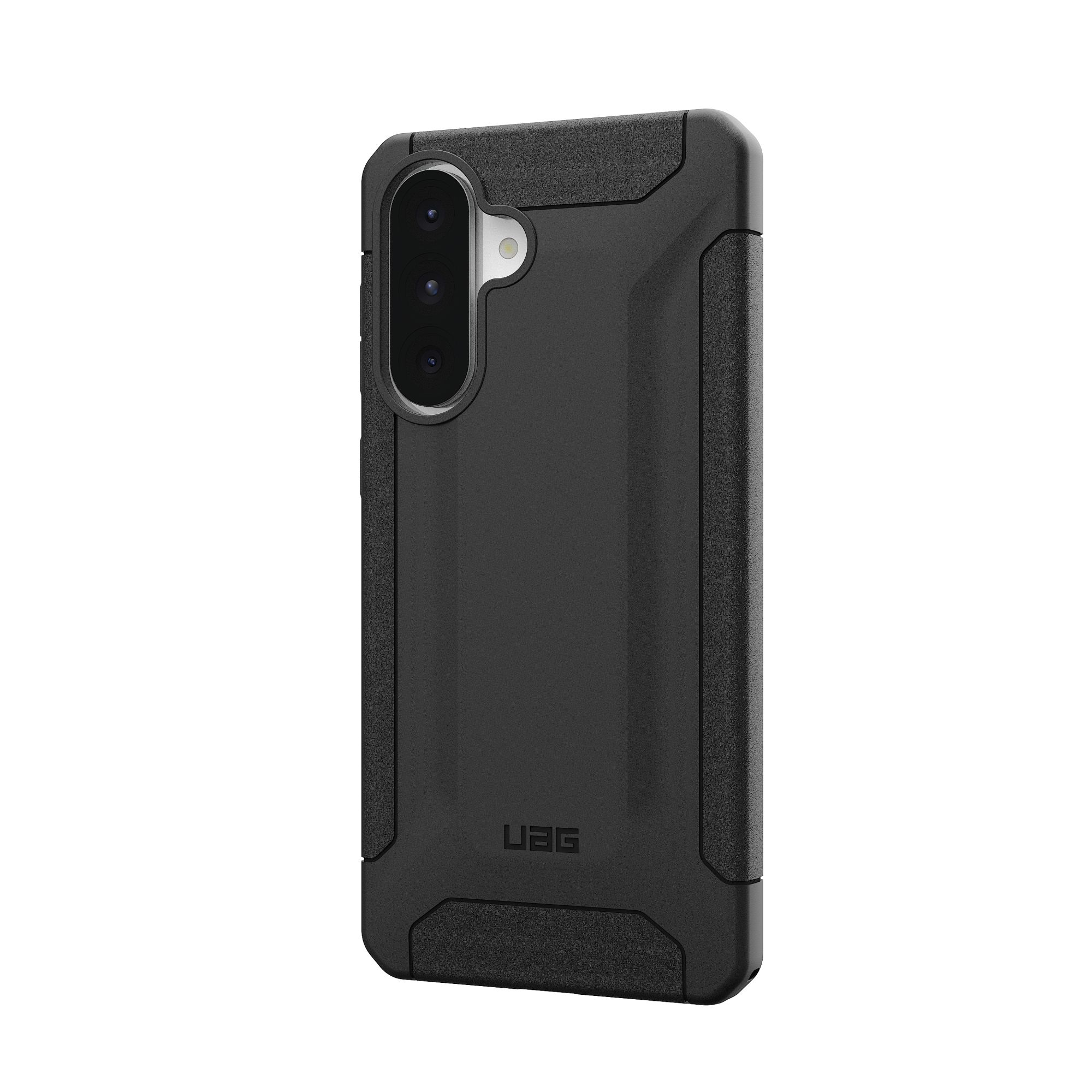 Zwarte telefoonhoes met een getextureerde grip en uitsparing voor de camera, UAG-logo onderaan.