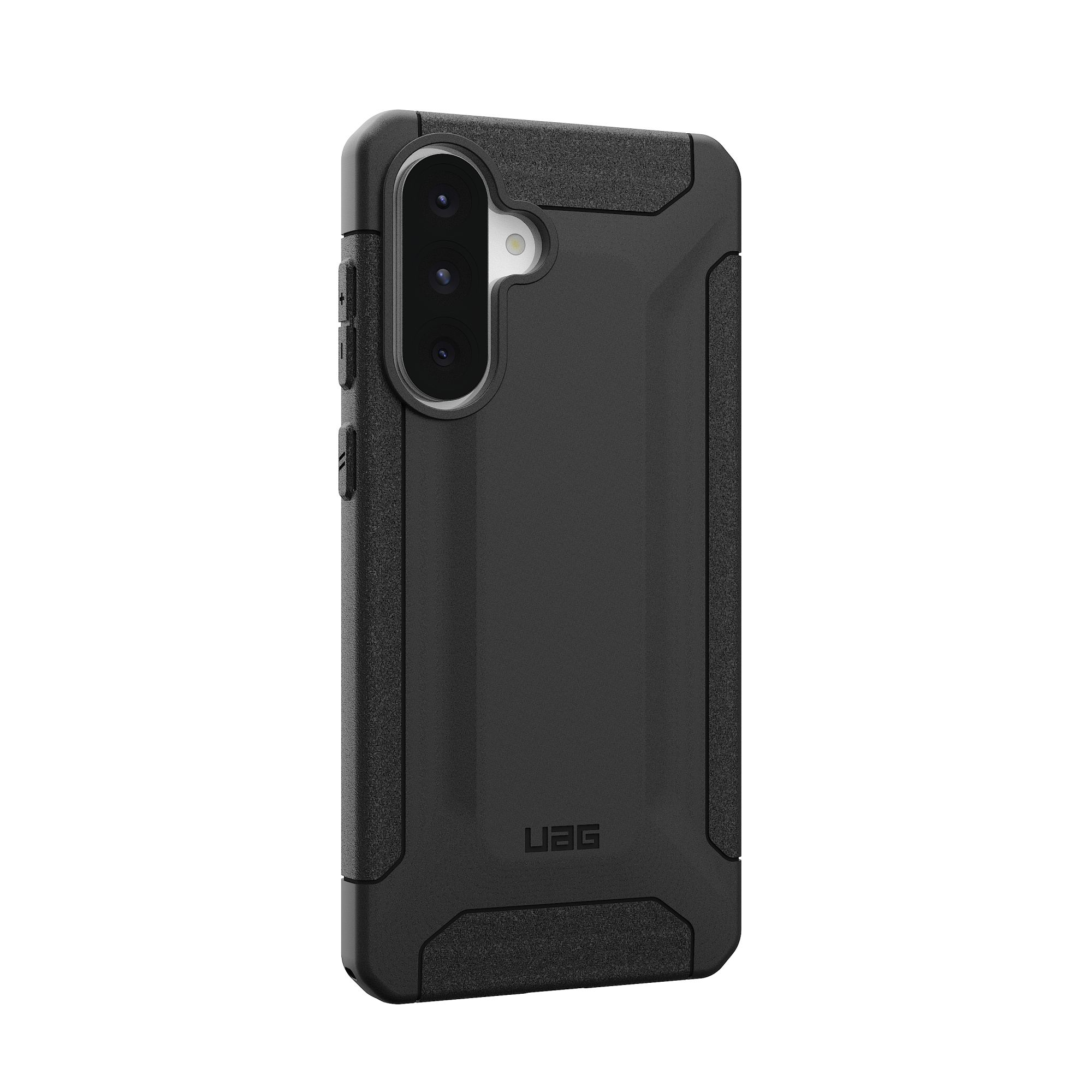 Zwarte telefoonhoes met camera-uitsparing. Het merk UAG is onderaan gedrukt.