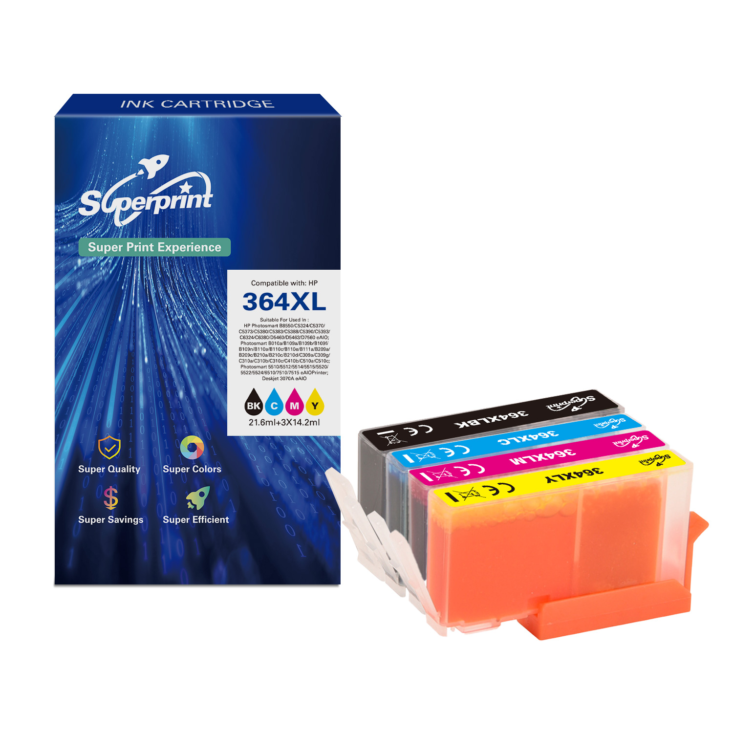Cartouches d'encre dans une boîte, avec un jeu de cartouches couleur et un support pour celles-ci. Fond blanc.