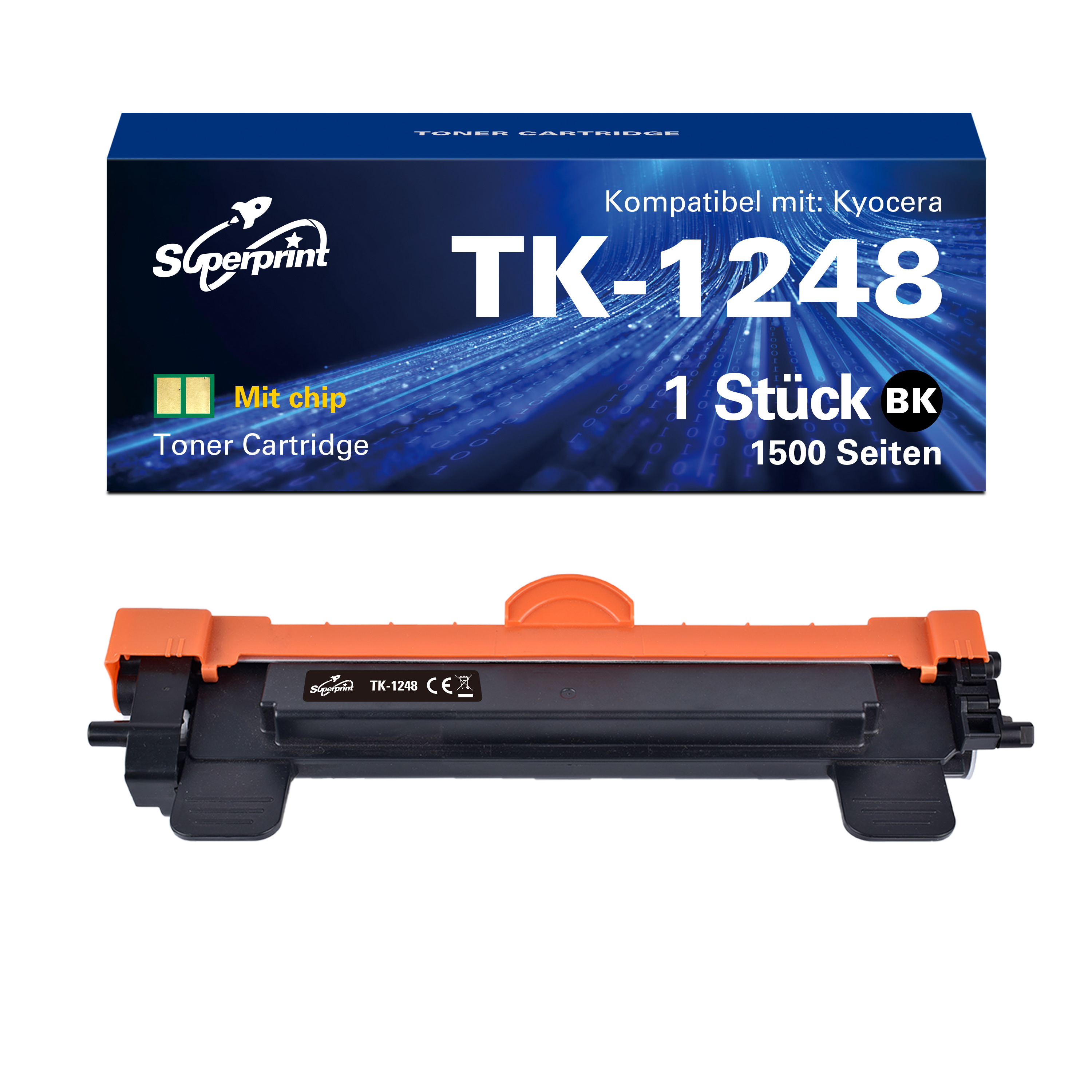 Een tonercartridgebox met een zwarte en oranje cartridge eronder, op een witte achtergrond.