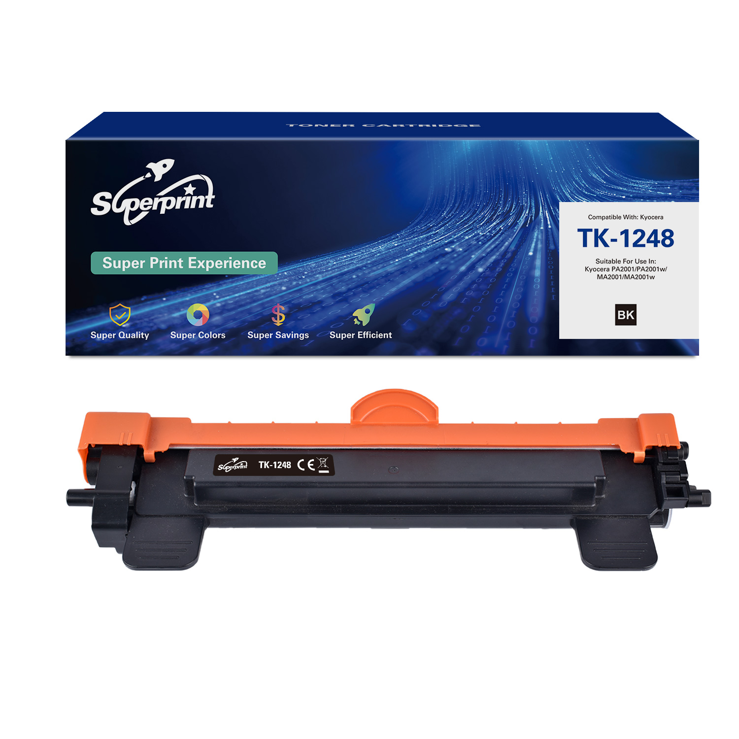 Toner cartridge doos en cartridge. Doos is blauw met tekst. Cartridge is zwart en oranje, gelabeld TK-1248.