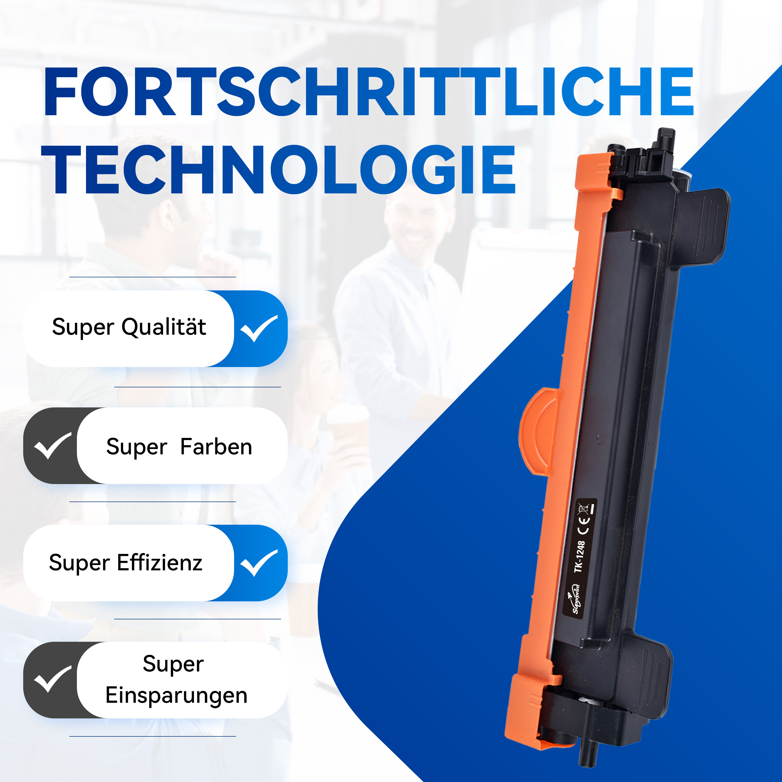 Een oranje en zwarte printertonercartridge met tekst en vinkjes op een blauwe achtergrond.