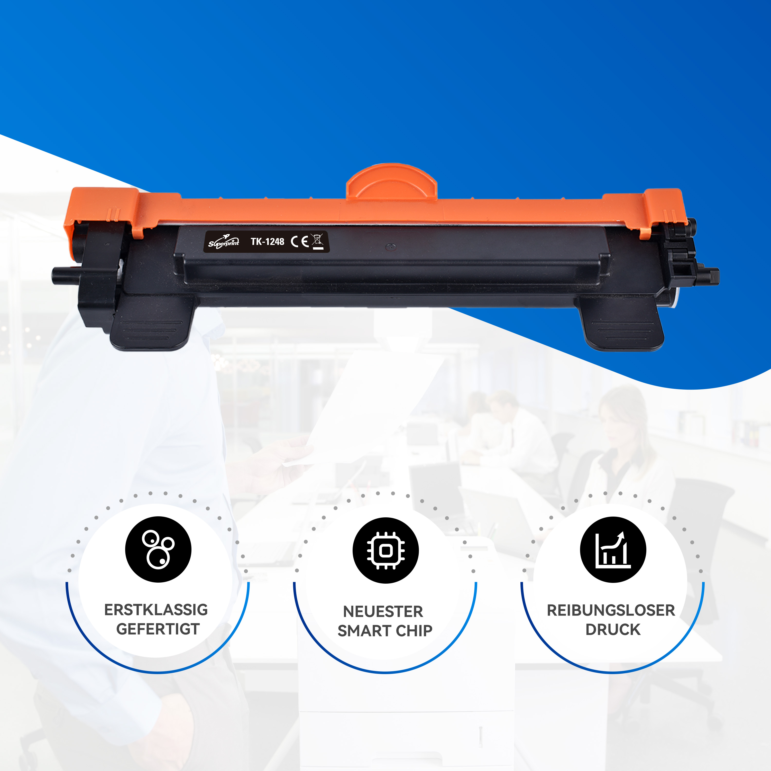 Oranje en zwarte printercartridge met drie pictogrammen en tekst.