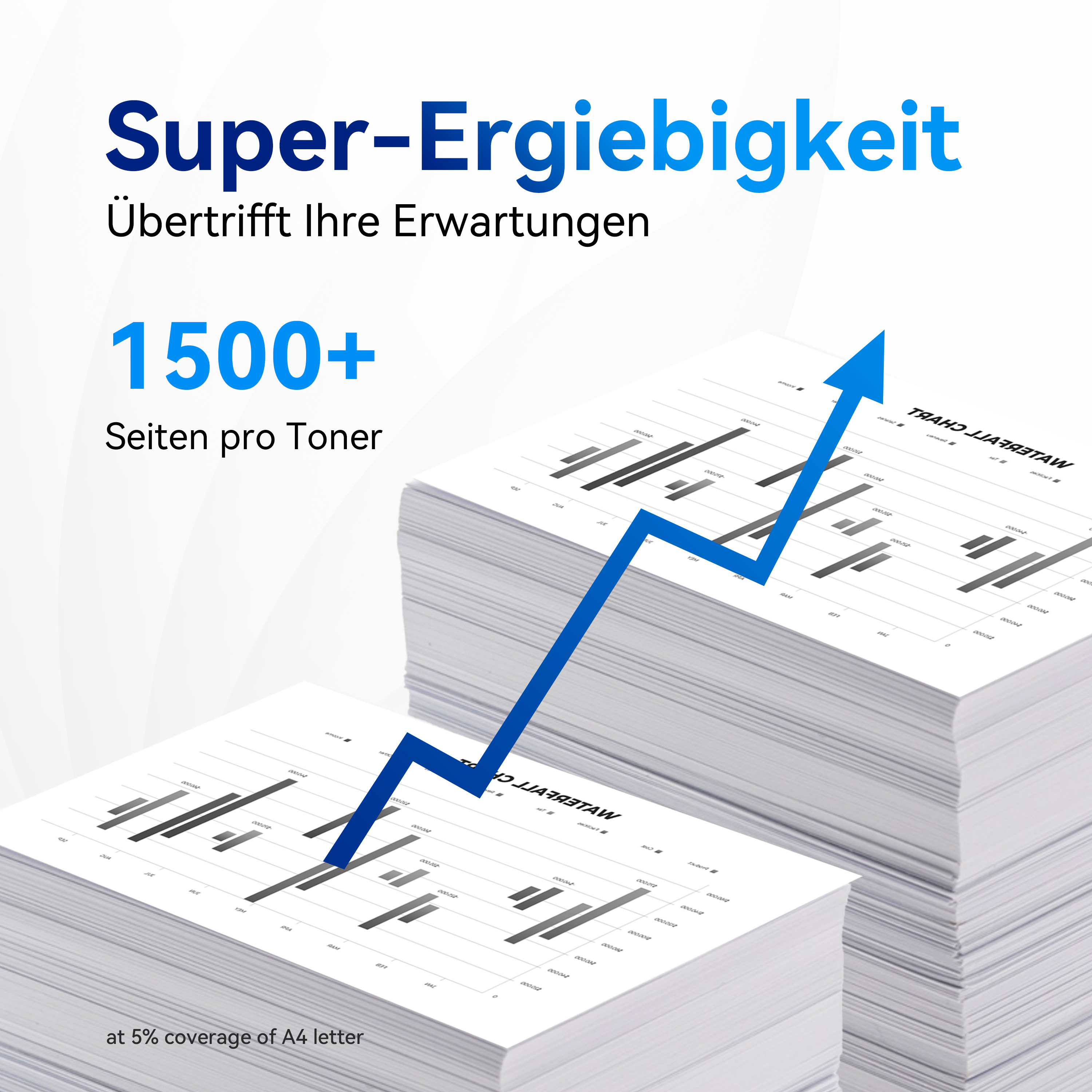 Witte papierstapels met een blauwe pijl die omhoog wijst en tekst.