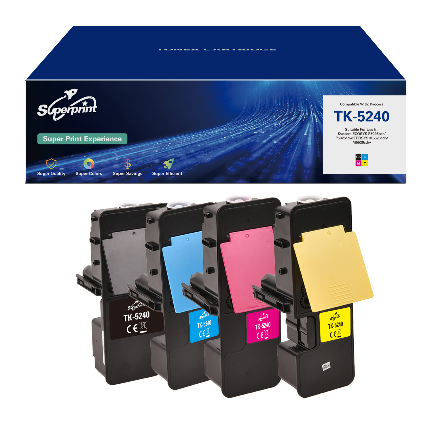 Tonercartridge doos en cartridges. Doos is blauw. Cartridges zijn zwart, cyaan, magenta, geel. Tekst op doos.