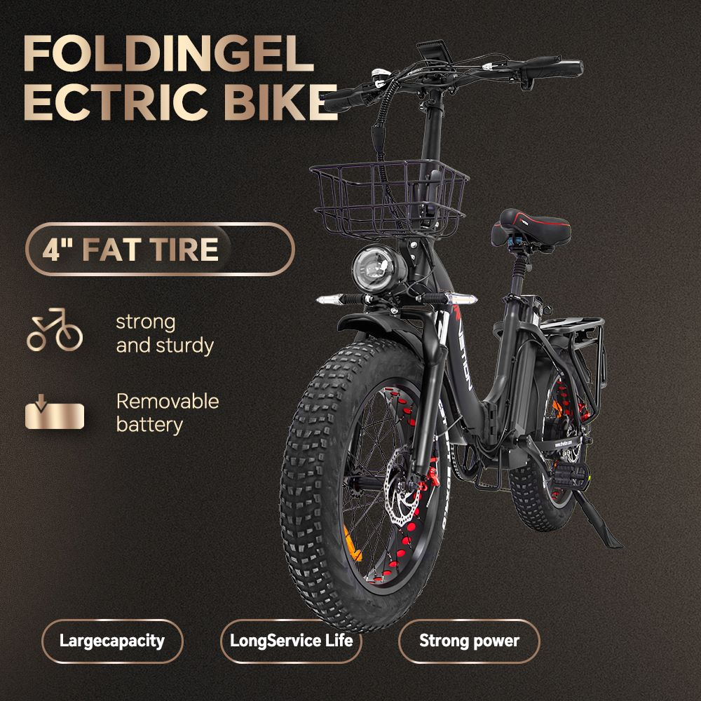 Bicicletta elettrica pieghevole nera, che mostra caratteristiche come pneumatici larghi e batteria rimovibile.
