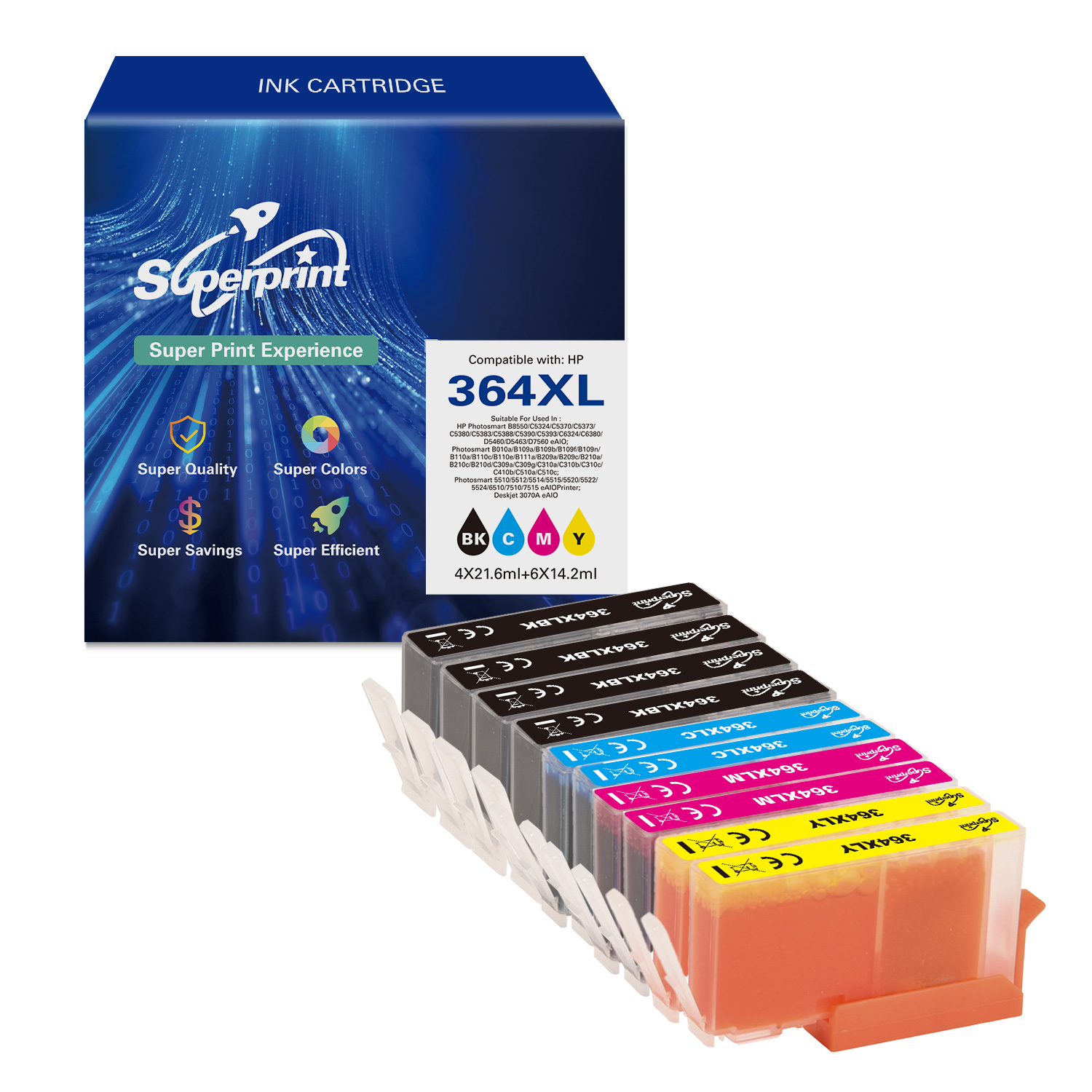 Inktcartridgeverpakking met tekst en afbeeldingen, verschillende kleuren en maten.