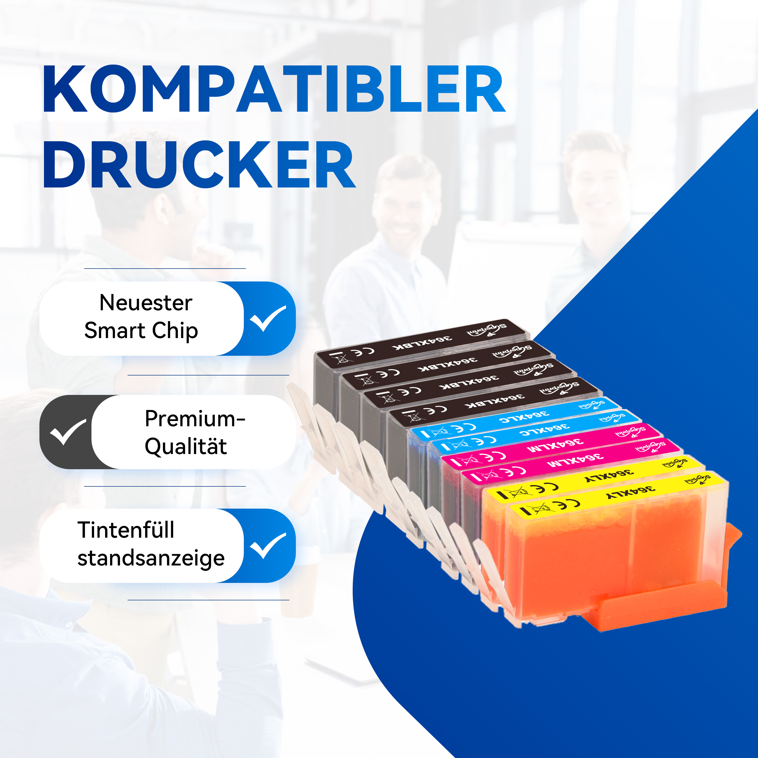Inktcartridges in diverse kleuren, met vinkjes en tekst.
