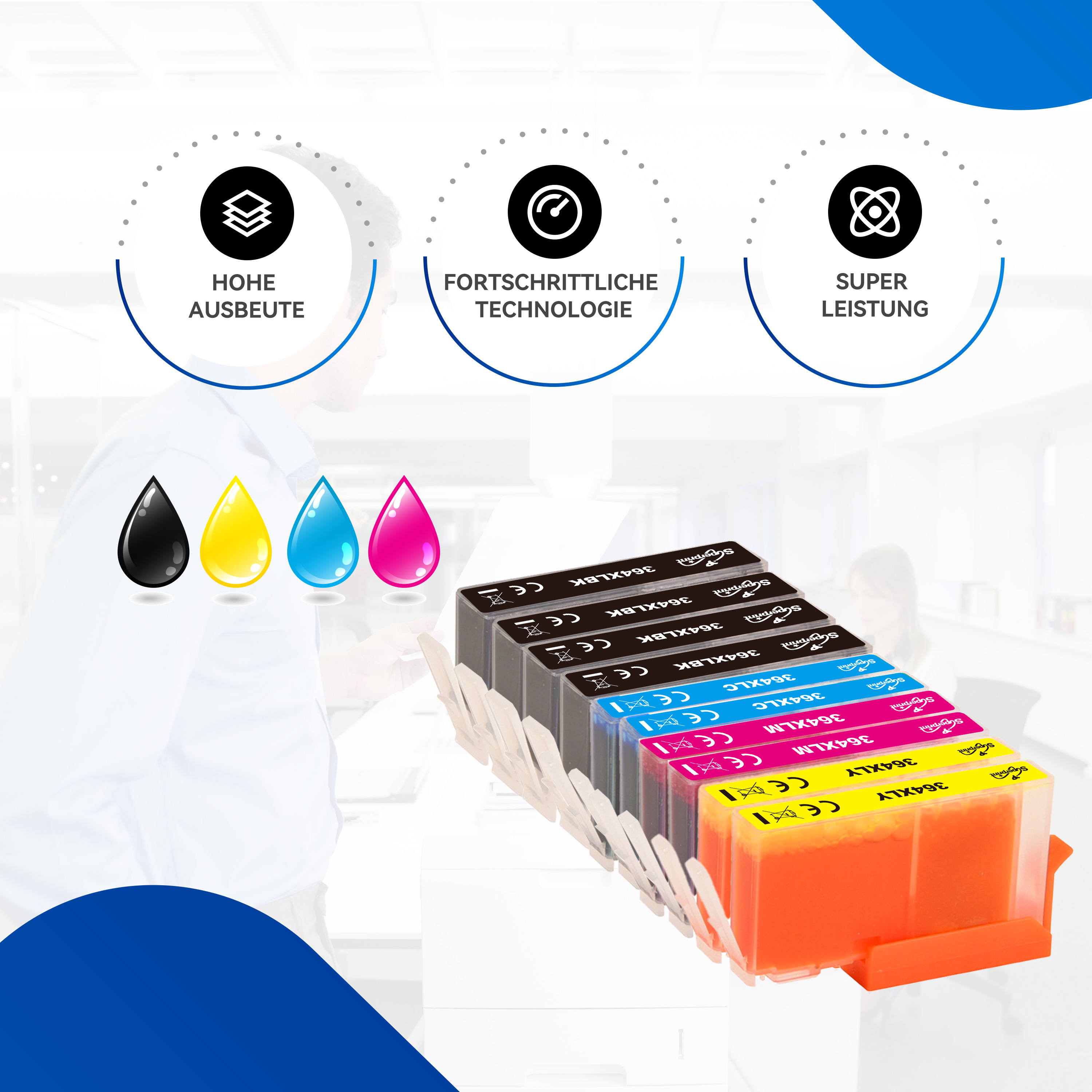 Inktcartridges in een houder, met inkt druppels en iconen. Mensen op de achtergrond.