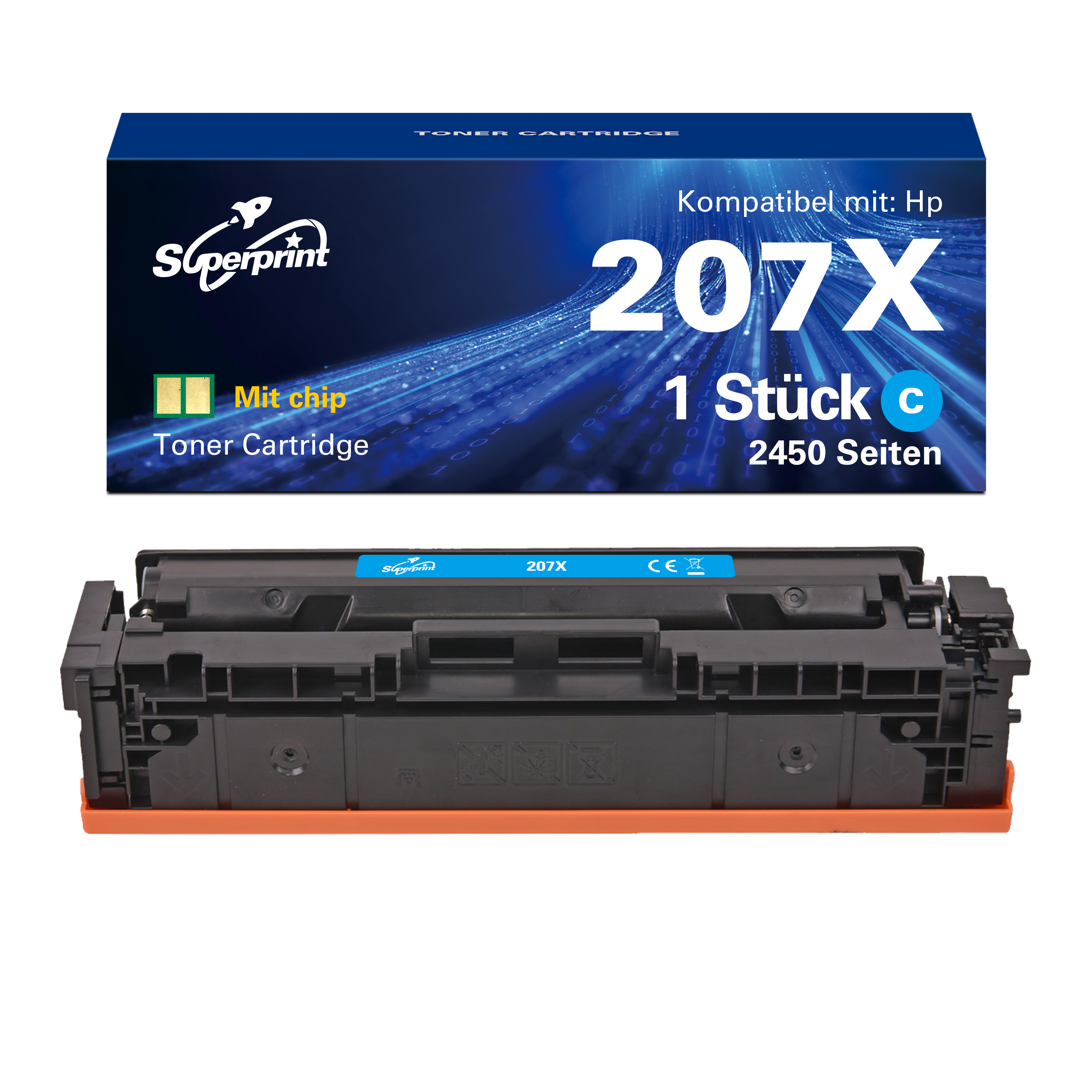 Boîte et cartouche de toner bleu et noir. La boîte indique '207X' et '1 Stück C'.