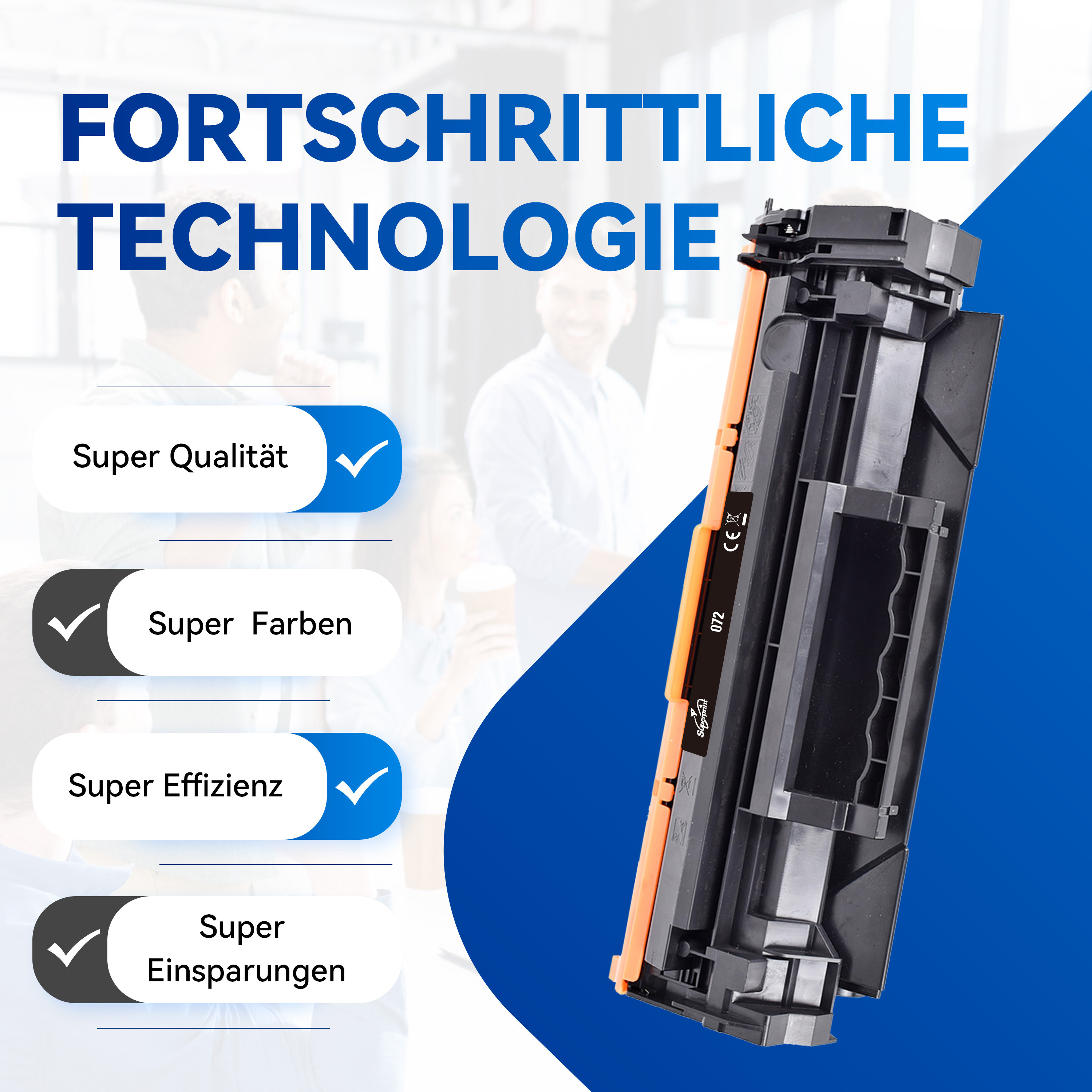Tonercartridge met vinkjes voor kwaliteit, kleur, efficiëntie en besparingen. Technologie.