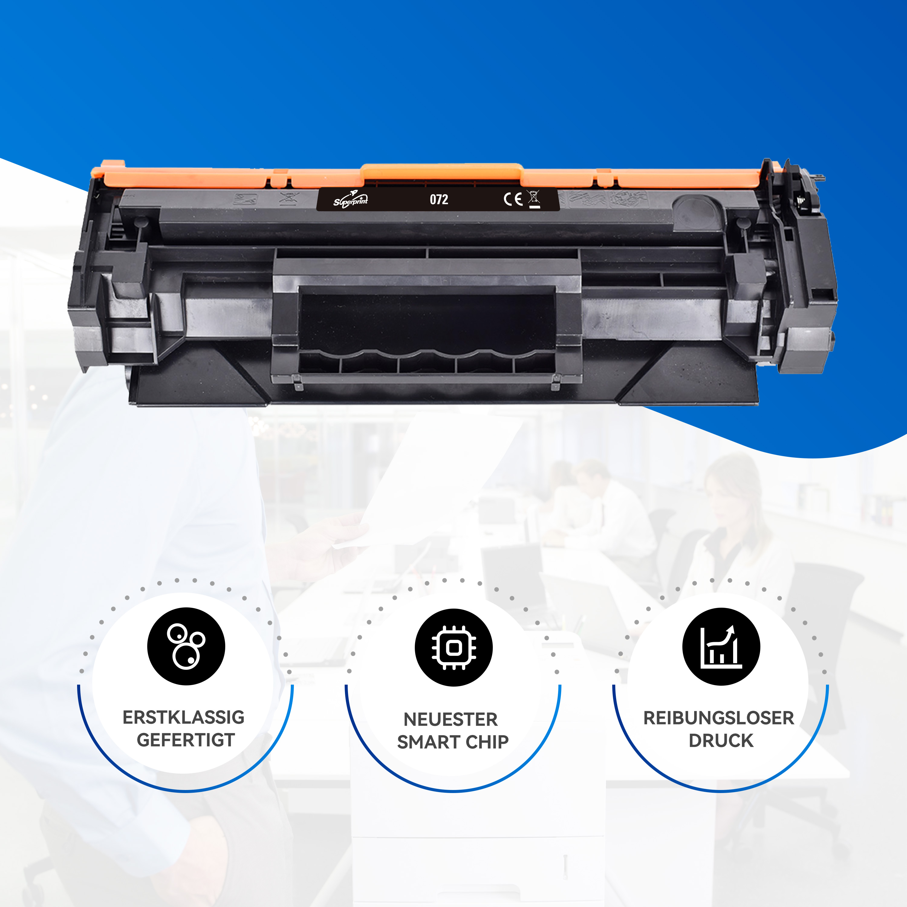 Een printercartridge met drie pictogrammen en tekst.