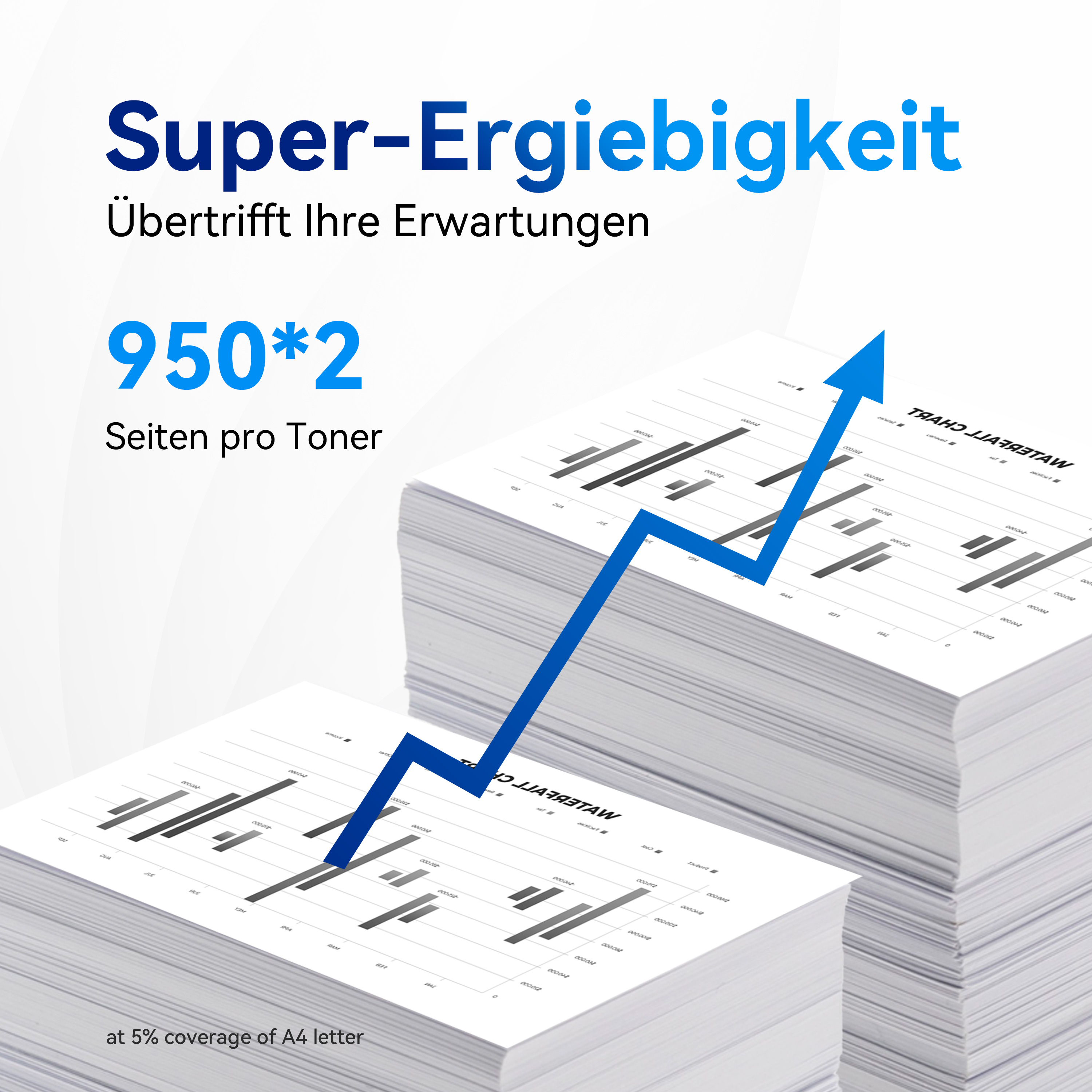 Weiße Papiere gestapelt mit einem blauen Pfeil nach oben, Text auf Deutsch und eine Grafik sichtbar.