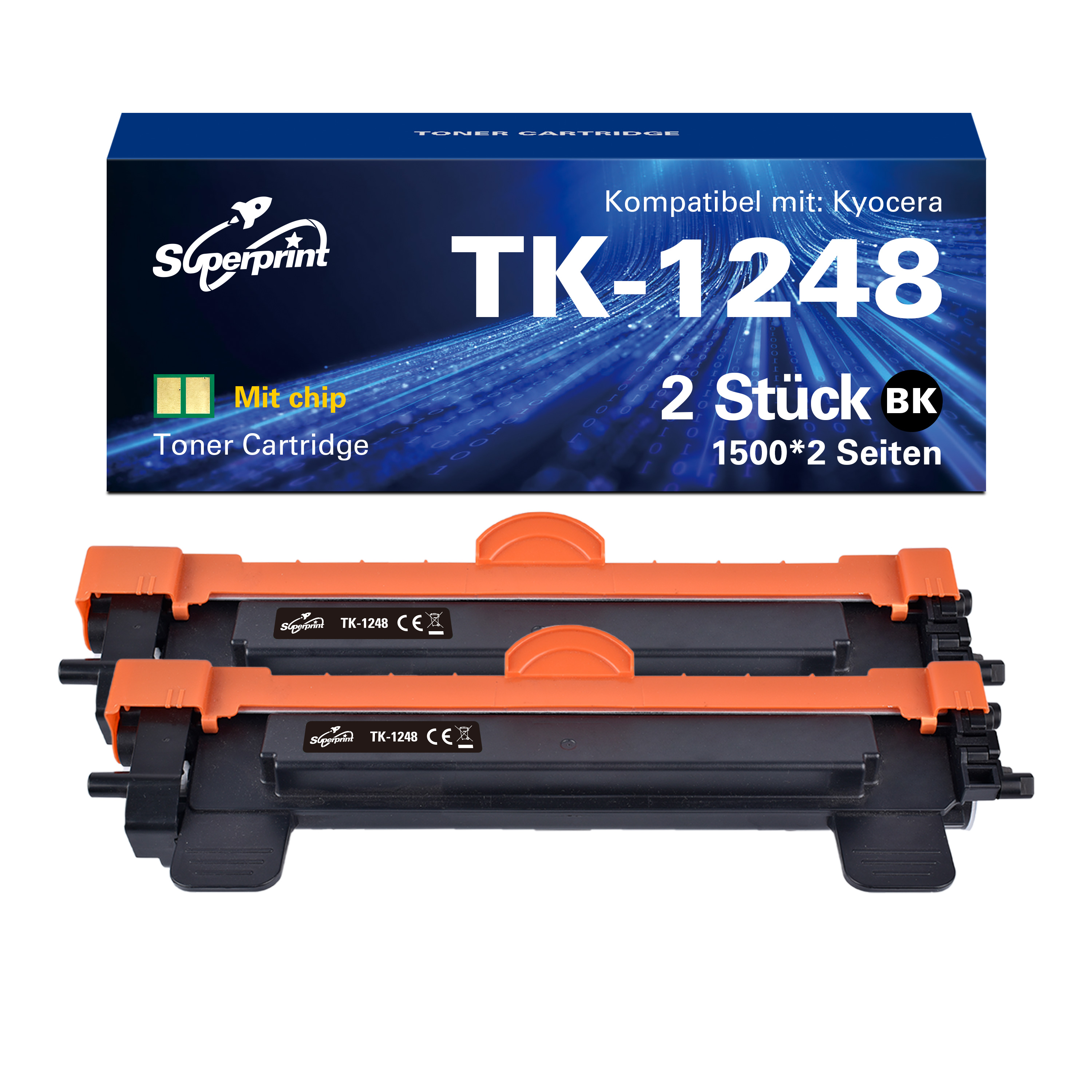 Twee zwarte tonercartridges met oranje bovenkanten in een doos met het label 'Toner Cartridge' en 'TK-1248'.