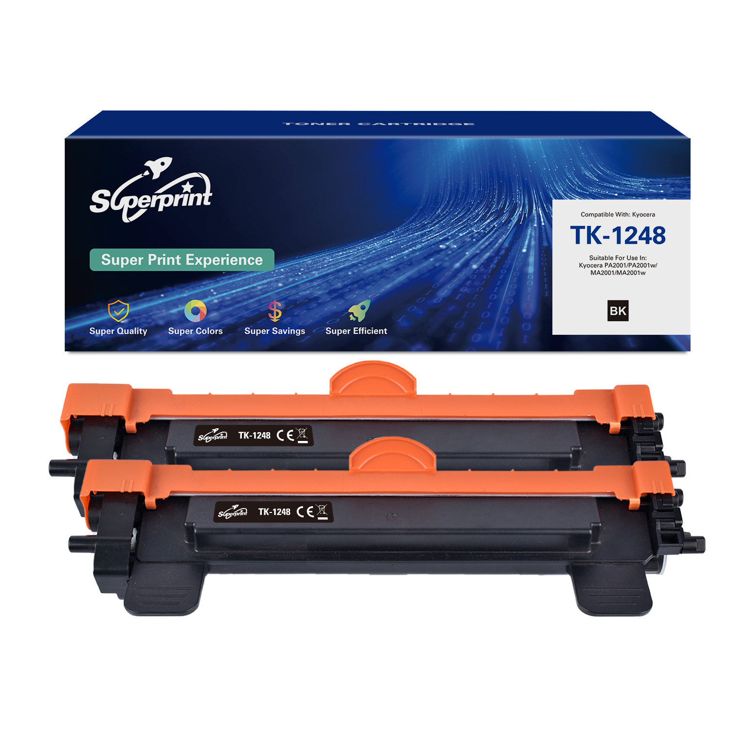 Tonercartridge doos en twee tonercartridges. Op de doos staat Superprint en Super Print Experience.