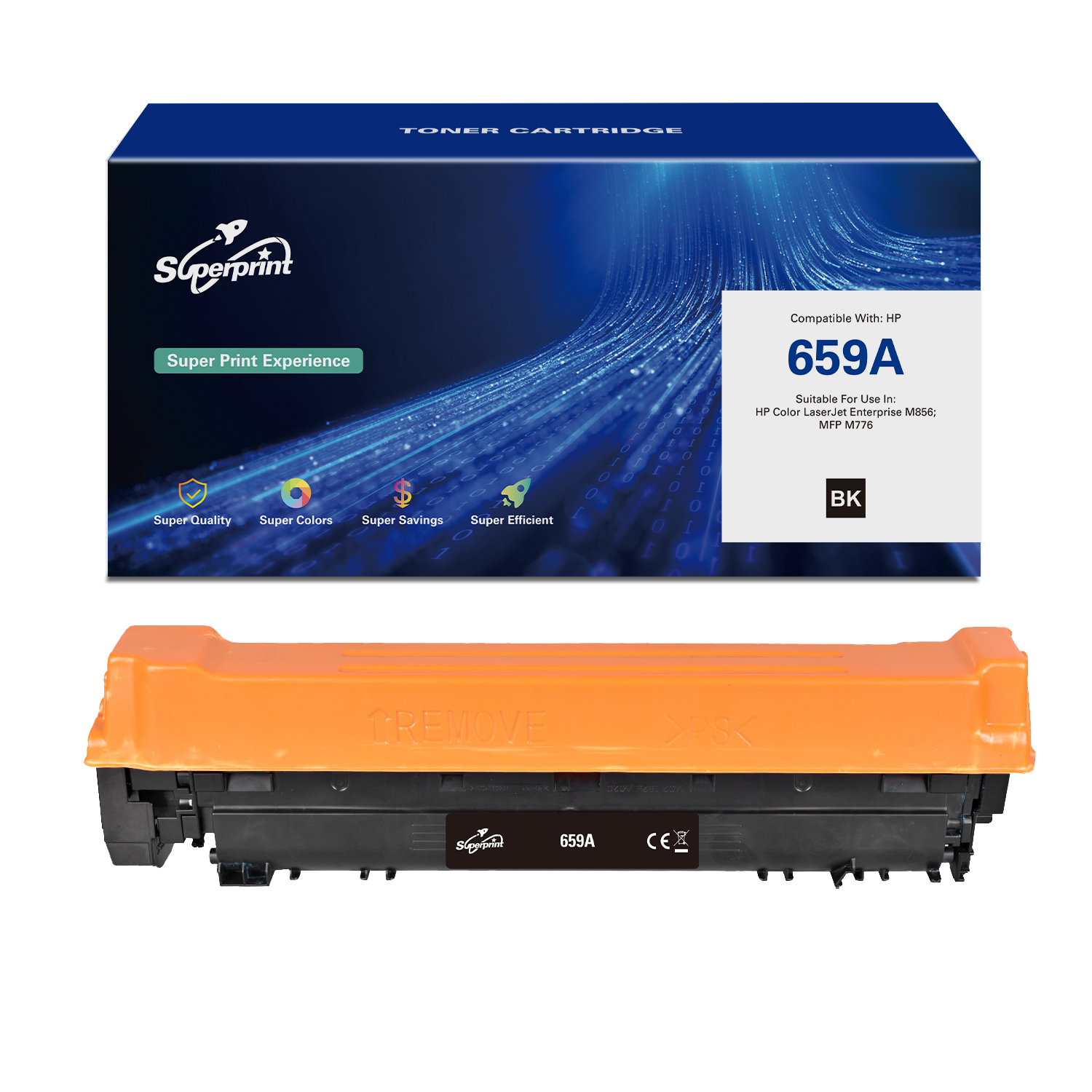 Tonercartridgebox en oranje cartridge. De doos heeft het Superprint-logo en tekst. Labels geven functies aan.
